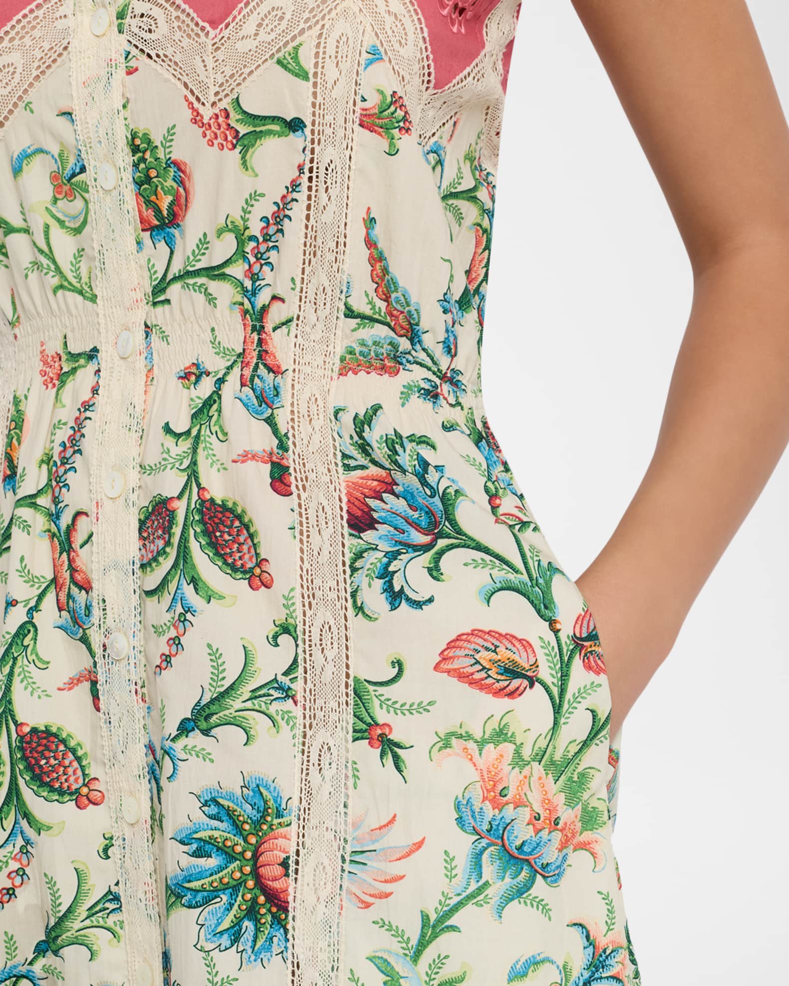 utala floral crochet trim linen midi dress Etro Crochet-Inset Floral Cotton Button-Front Midi Dress