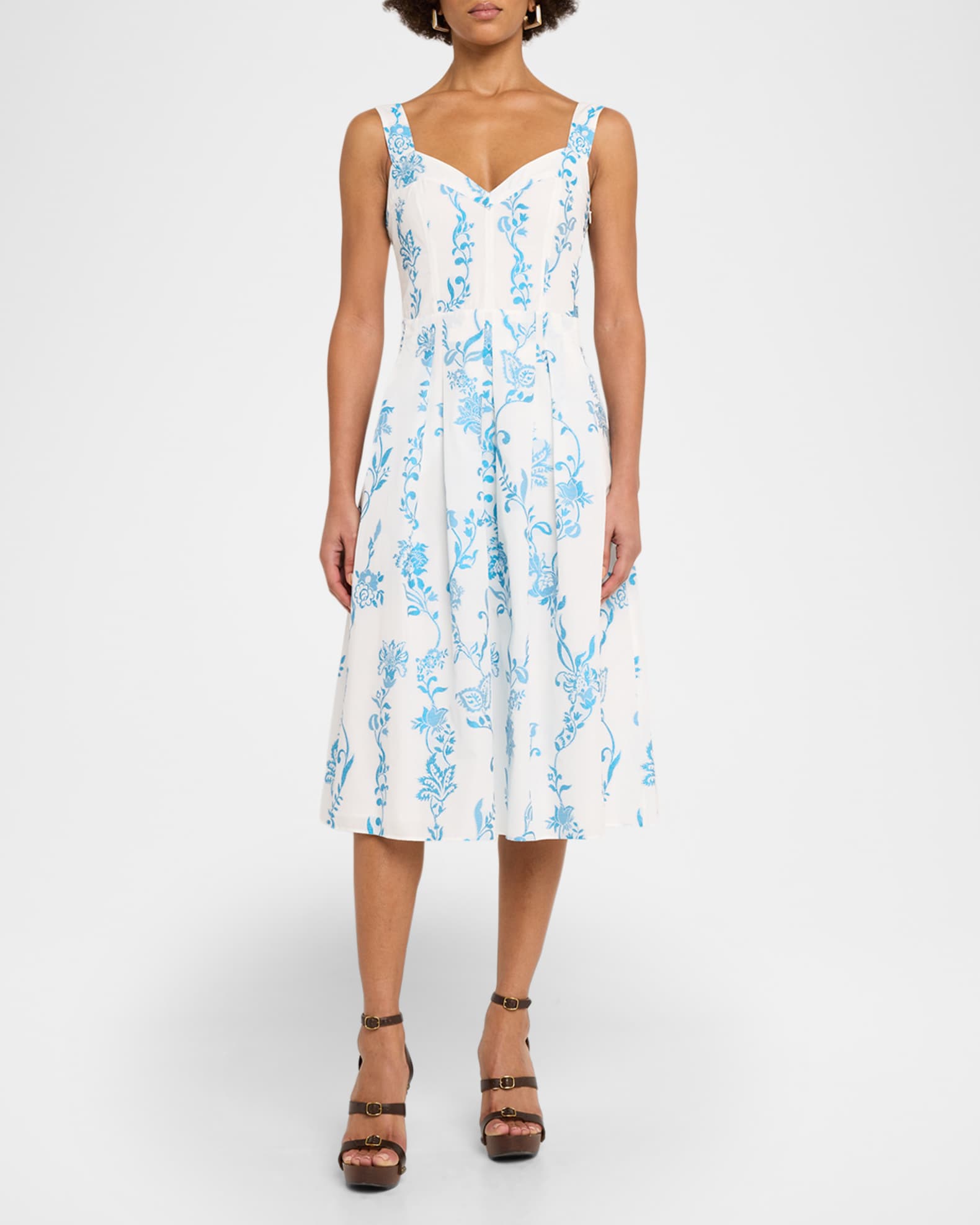 Etro Floral Embroidered Cotton Sleeveless Pleated Midi Dress | Neiman Marcus