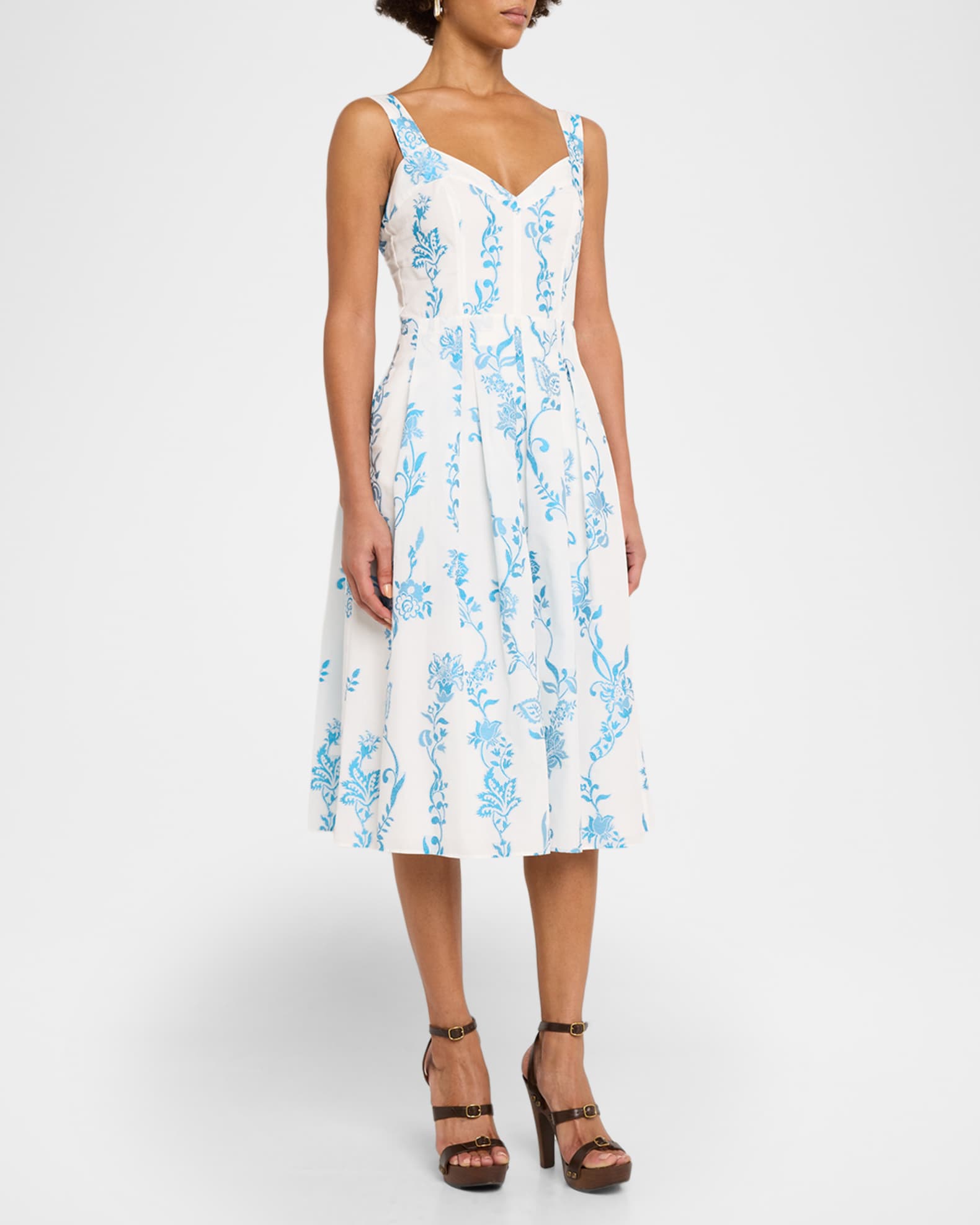 Etro Floral Embroidered Cotton Sleeveless Pleated Midi Dress | Neiman Marcus