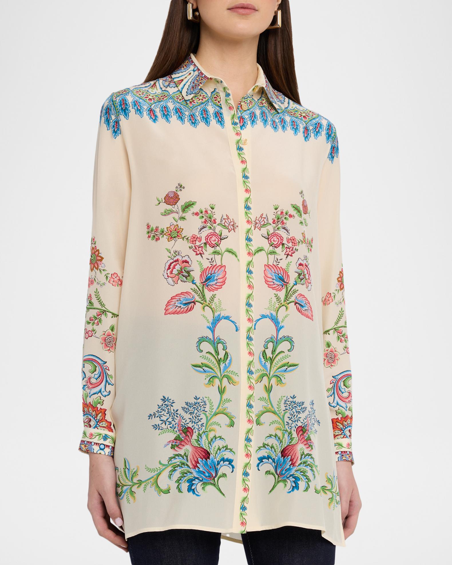 Etro Floral Silk Button-Down Tunic Shirt | Neiman Marcus