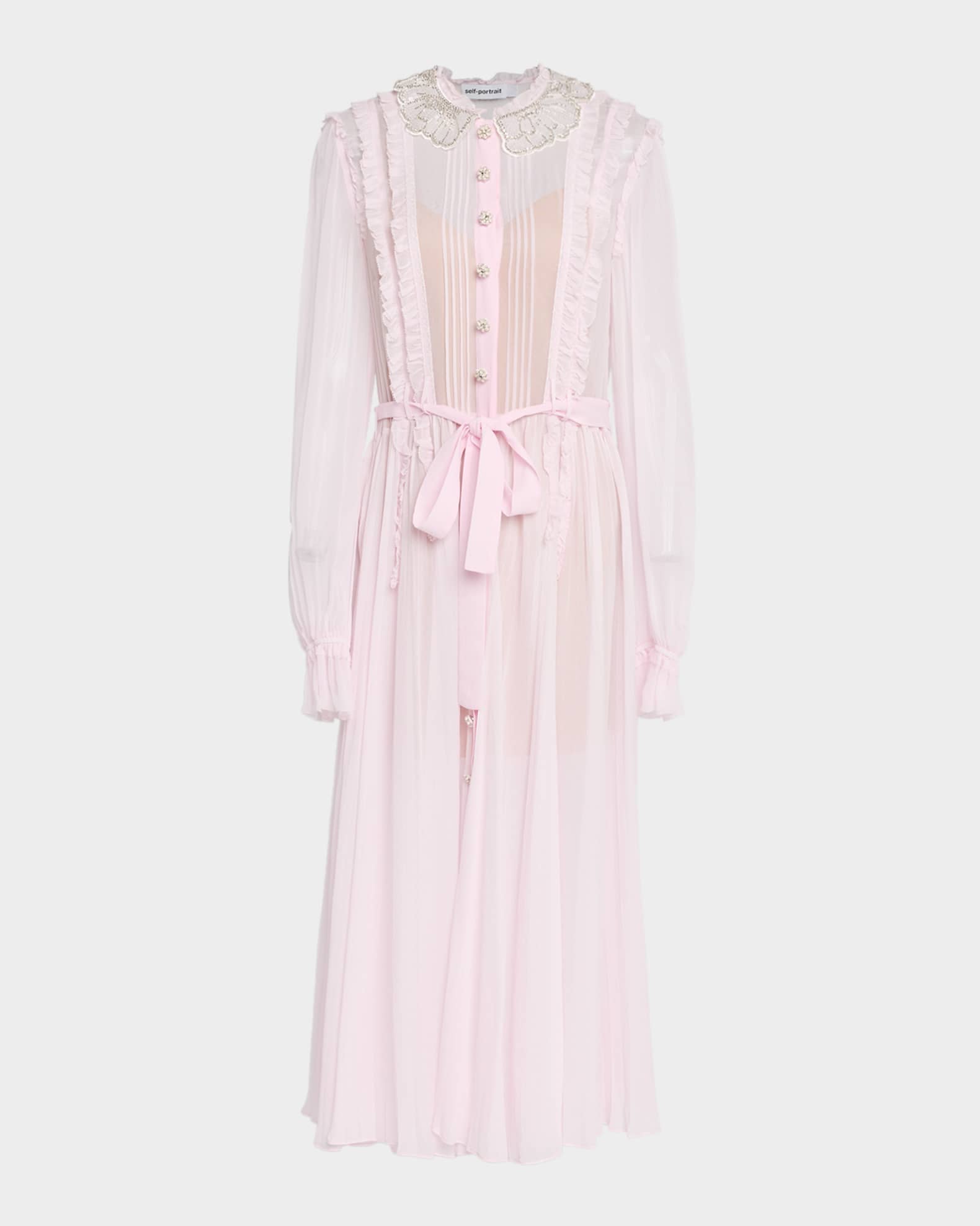 Self Portrait-Pink Pleated Georgette Midi Dresses Pink-Dresses