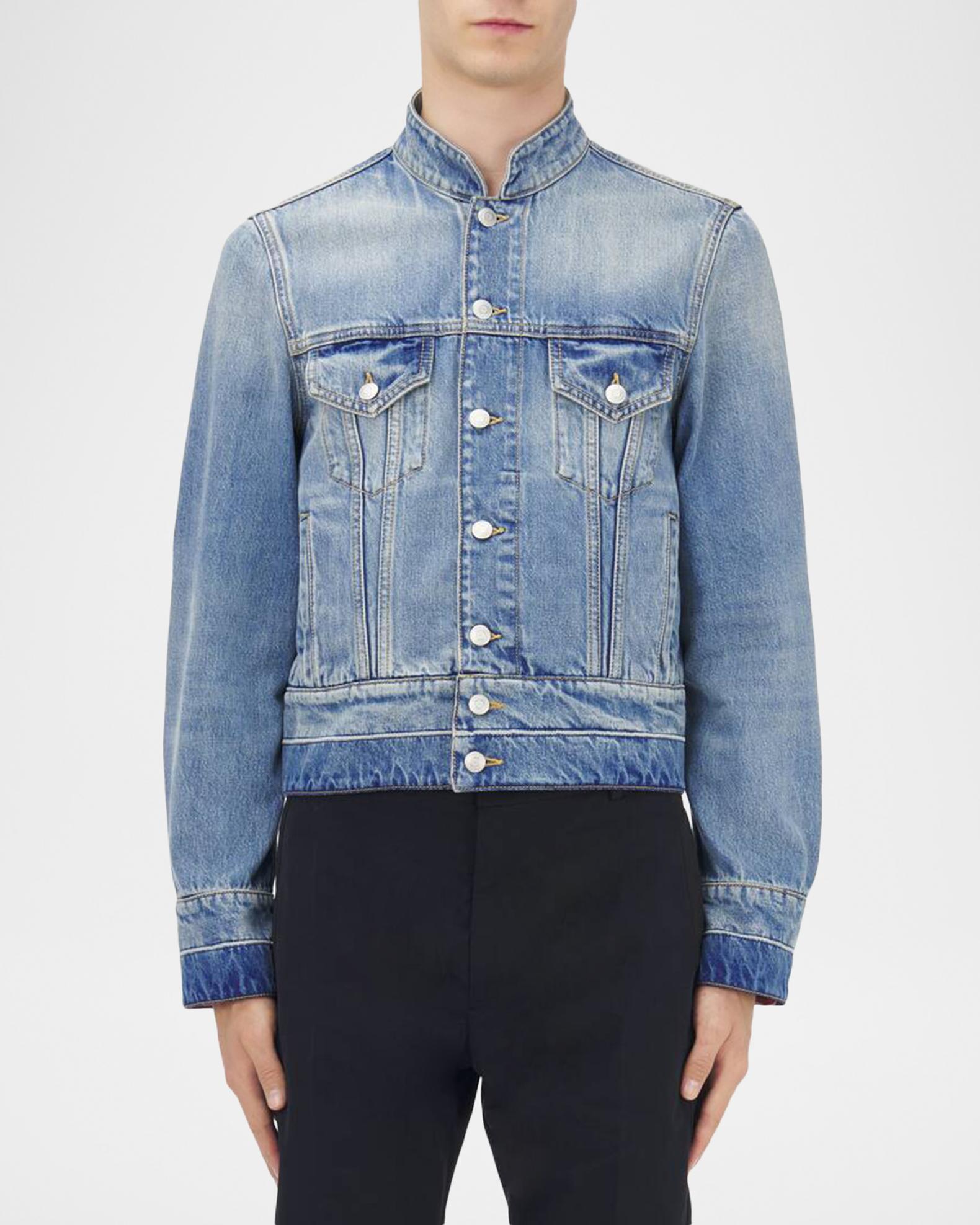 McQueen Men's Band-Collar Denim Jacket | Neiman Marcus