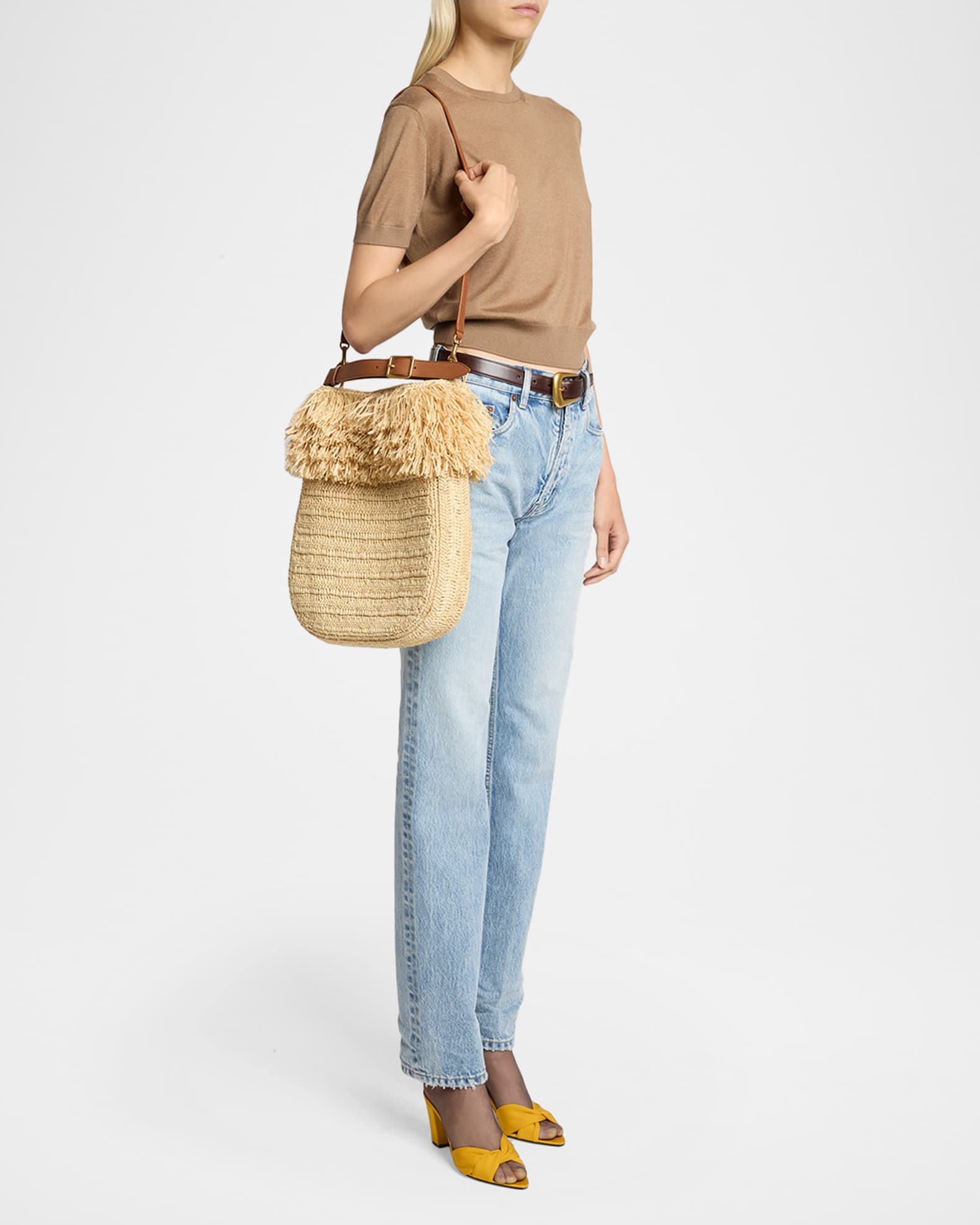 Saint Laurent Roady Fringed Raffia Shoulder Bag | Neiman Marcus