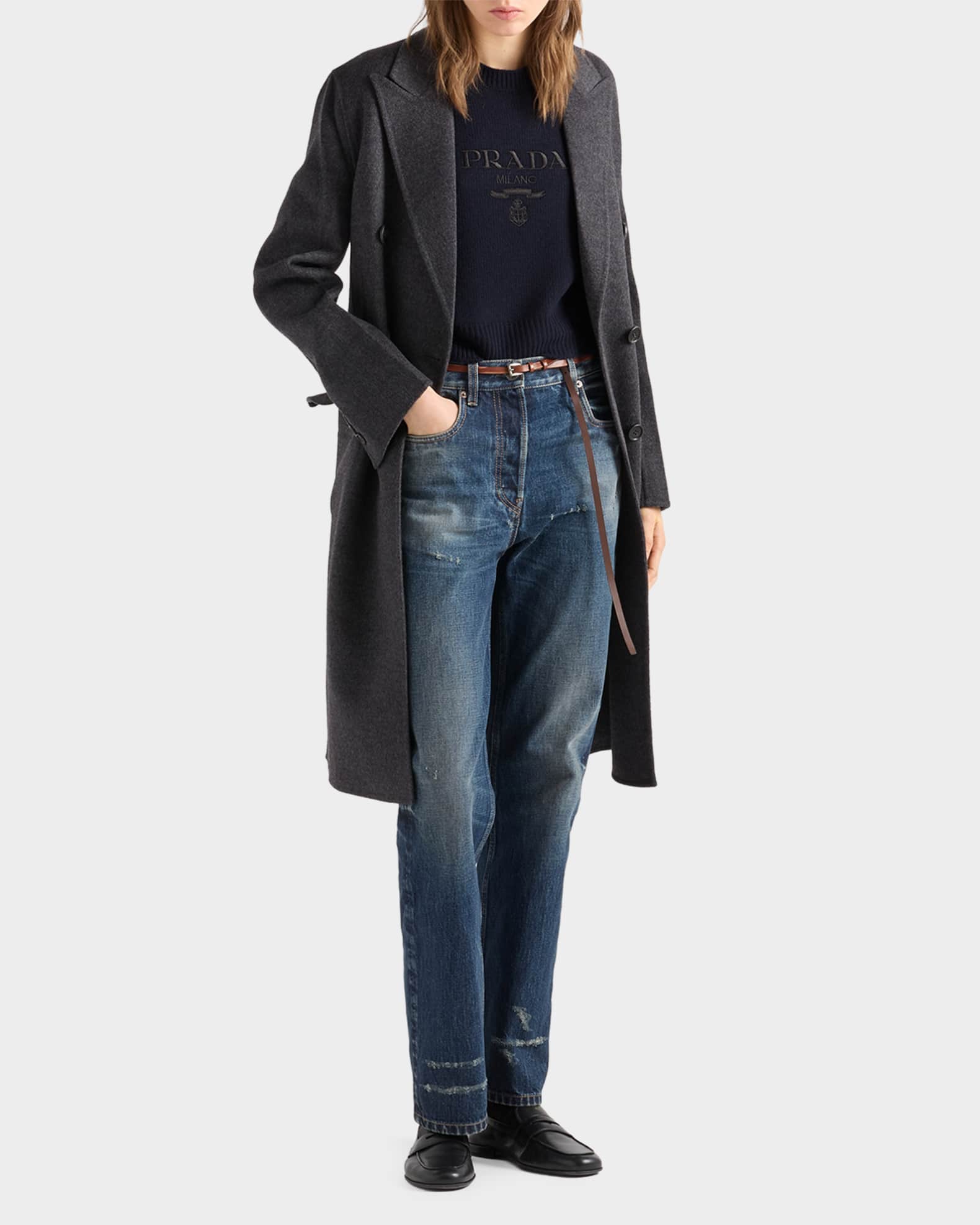 Prada Wool and Cashmere Logo Intarsia Crewneck Sweater | Neiman Marcus