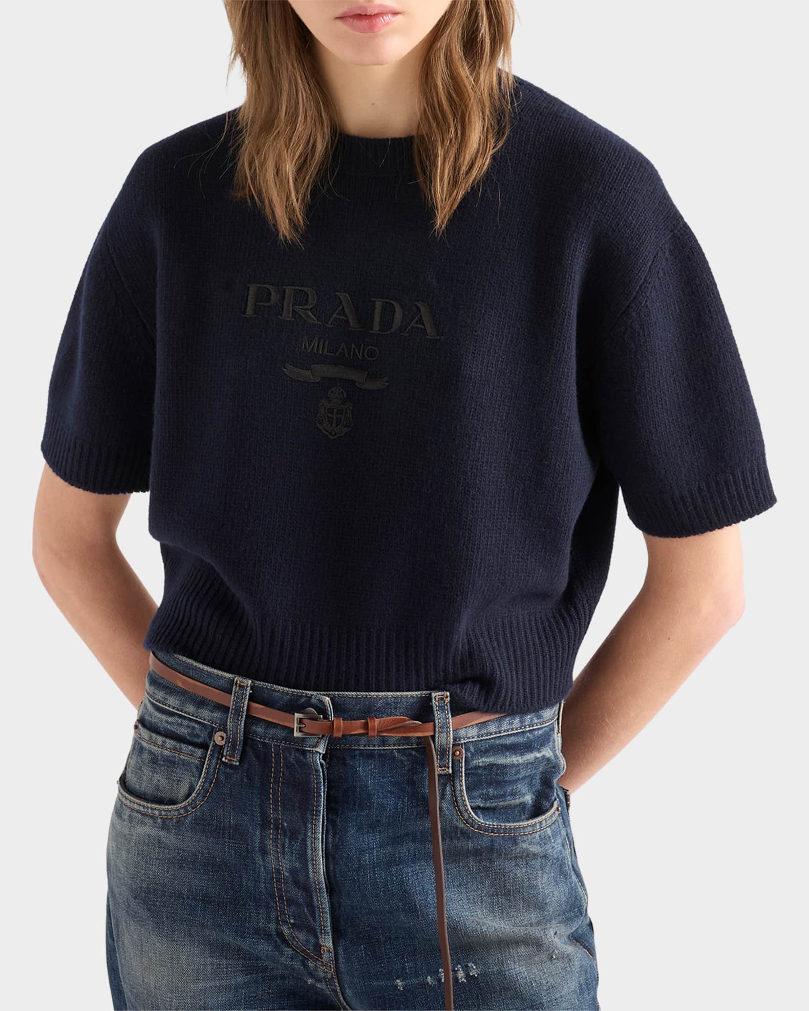 Prada Wool and Cashmere Logo Intarsia Crewneck Sweater | Neiman Marcus