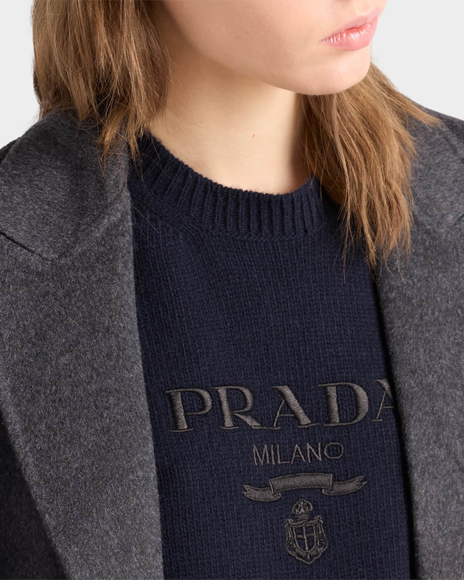 Prada Wool and Cashmere Logo Intarsia Crewneck Sweater | Neiman Marcus