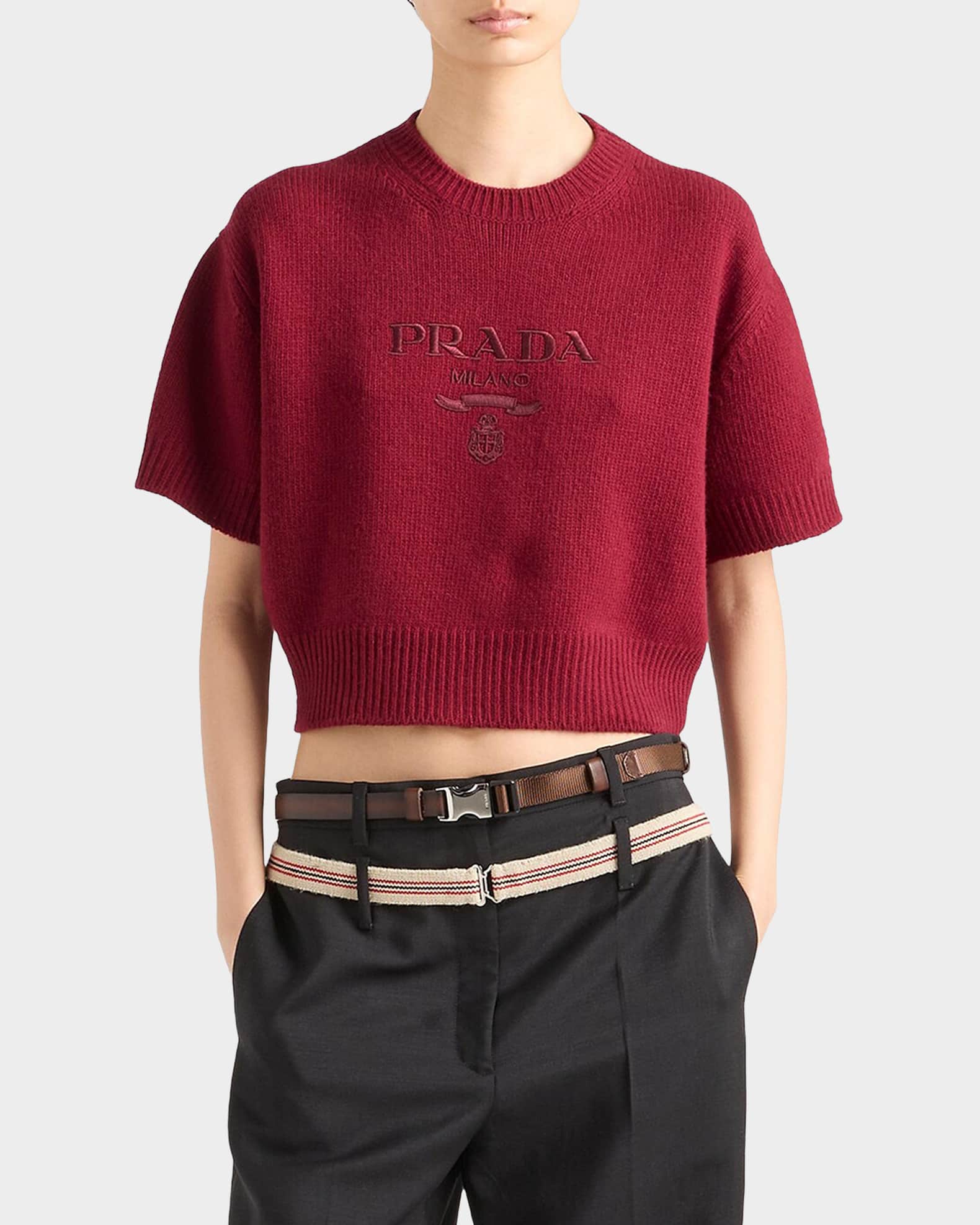 Prada Wool and Cashmere Logo Intarsia Crewneck Sweater | Neiman Marcus