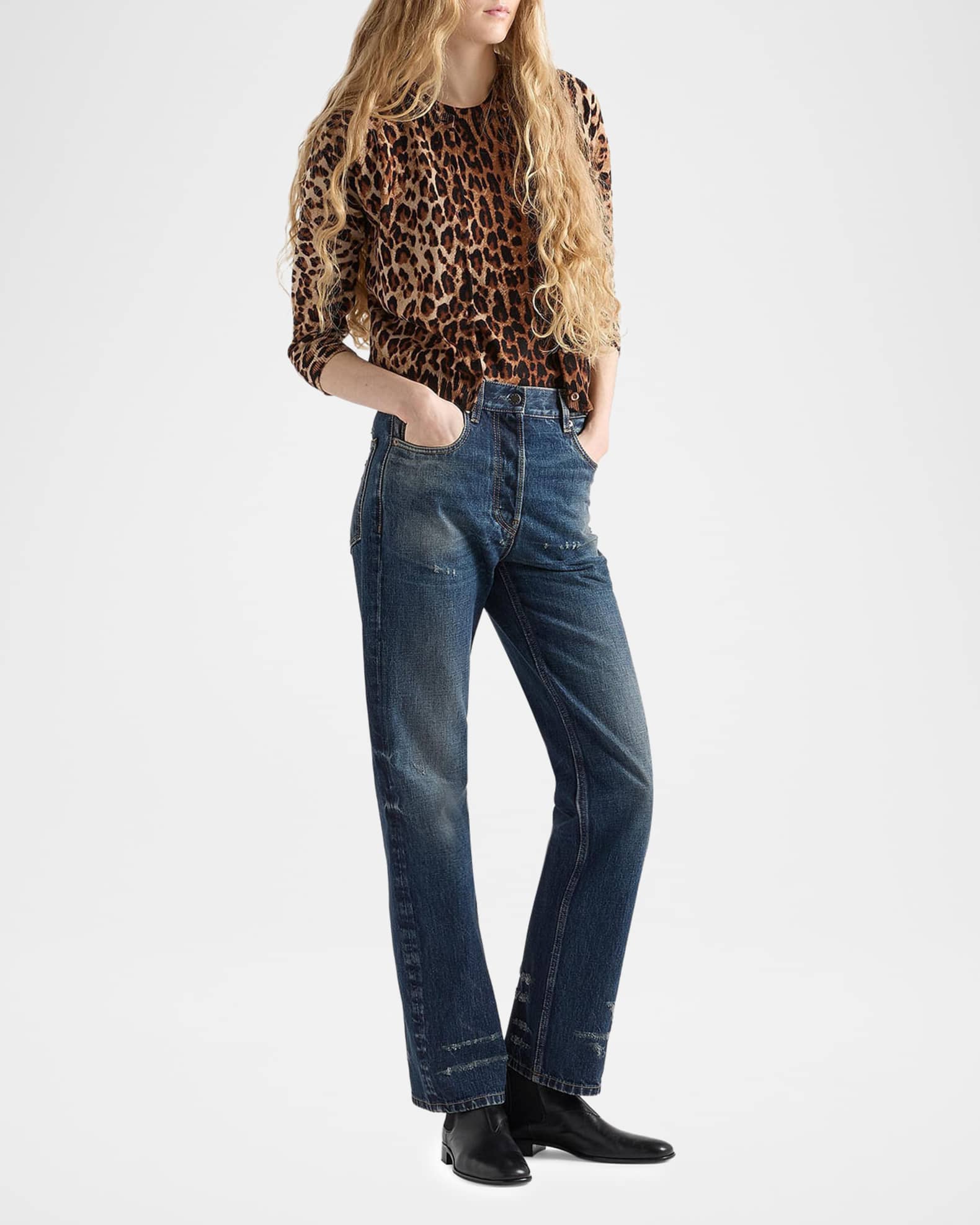 Prada Short-Sleeved Leopard-Print Cashmere Sweater | Neiman Marcus