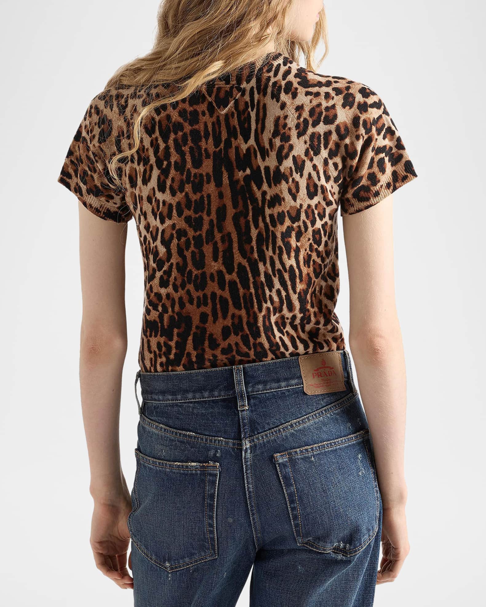 Prada Short-Sleeved Leopard-Print Cashmere Sweater | Neiman Marcus