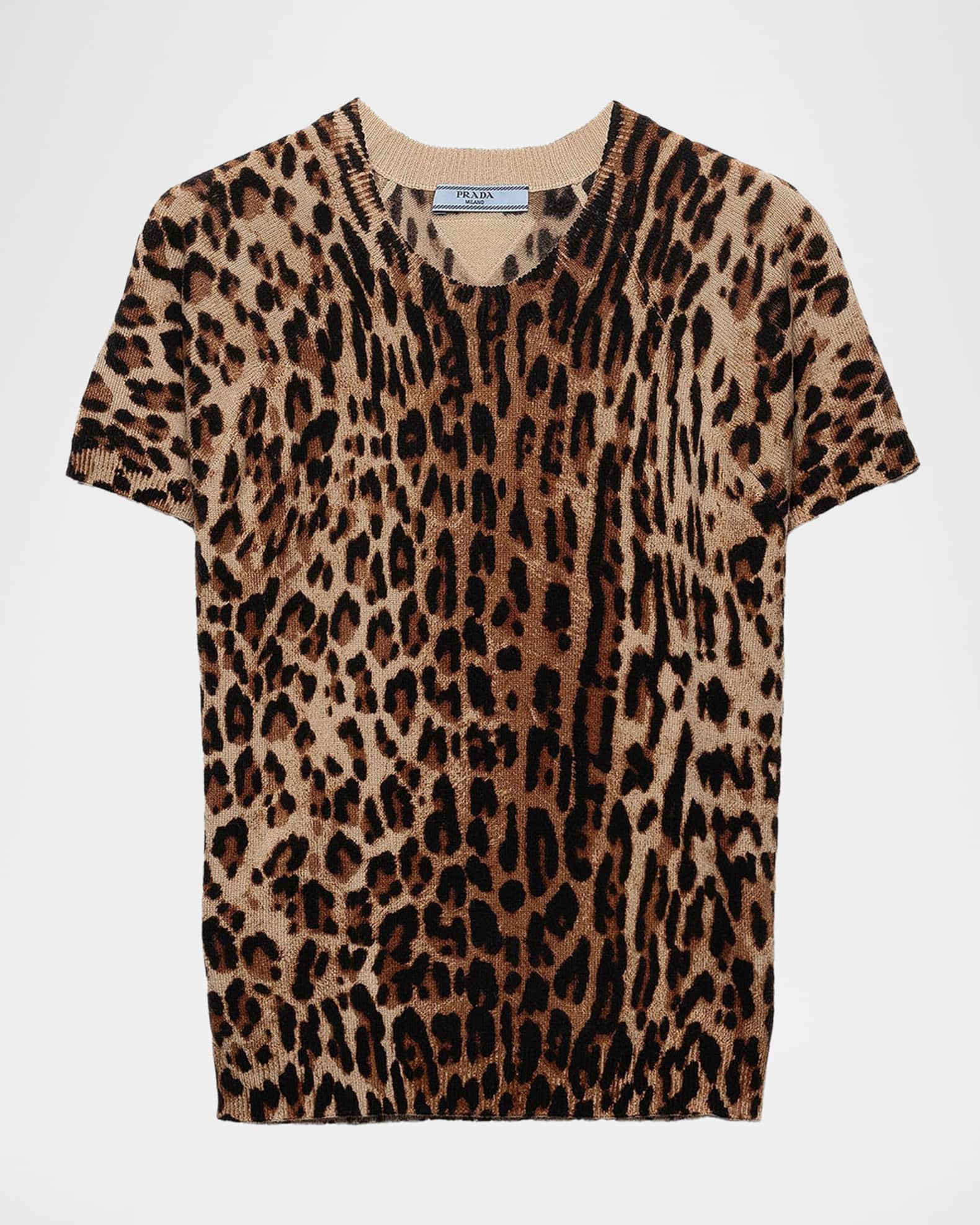 Prada Short-Sleeved Leopard-Print Cashmere Sweater | Neiman Marcus