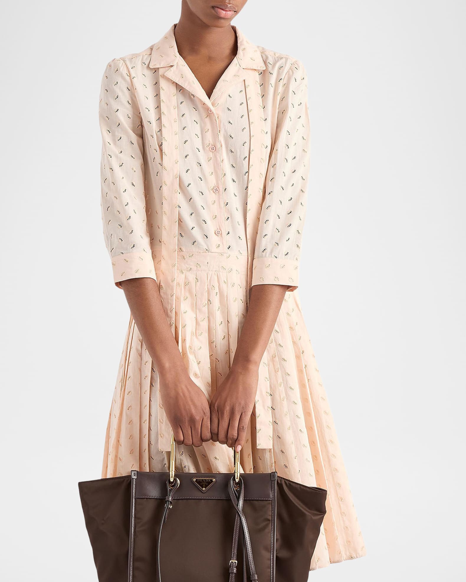 Prada Eyelet Lace Shirt Dress, Women, Peach, Size 36