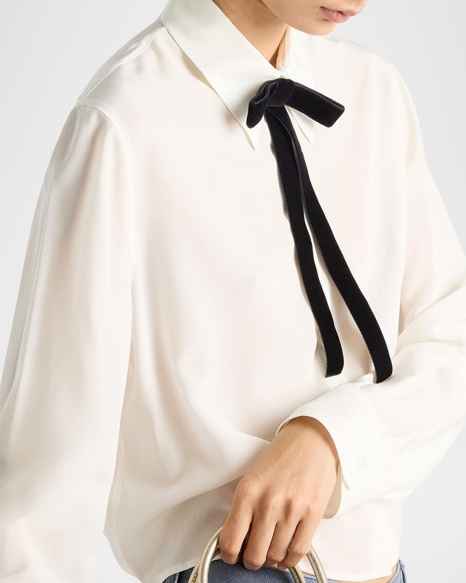 Prada Velvet Bow Silk Crepe de Chine Shirt | Neiman Marcus