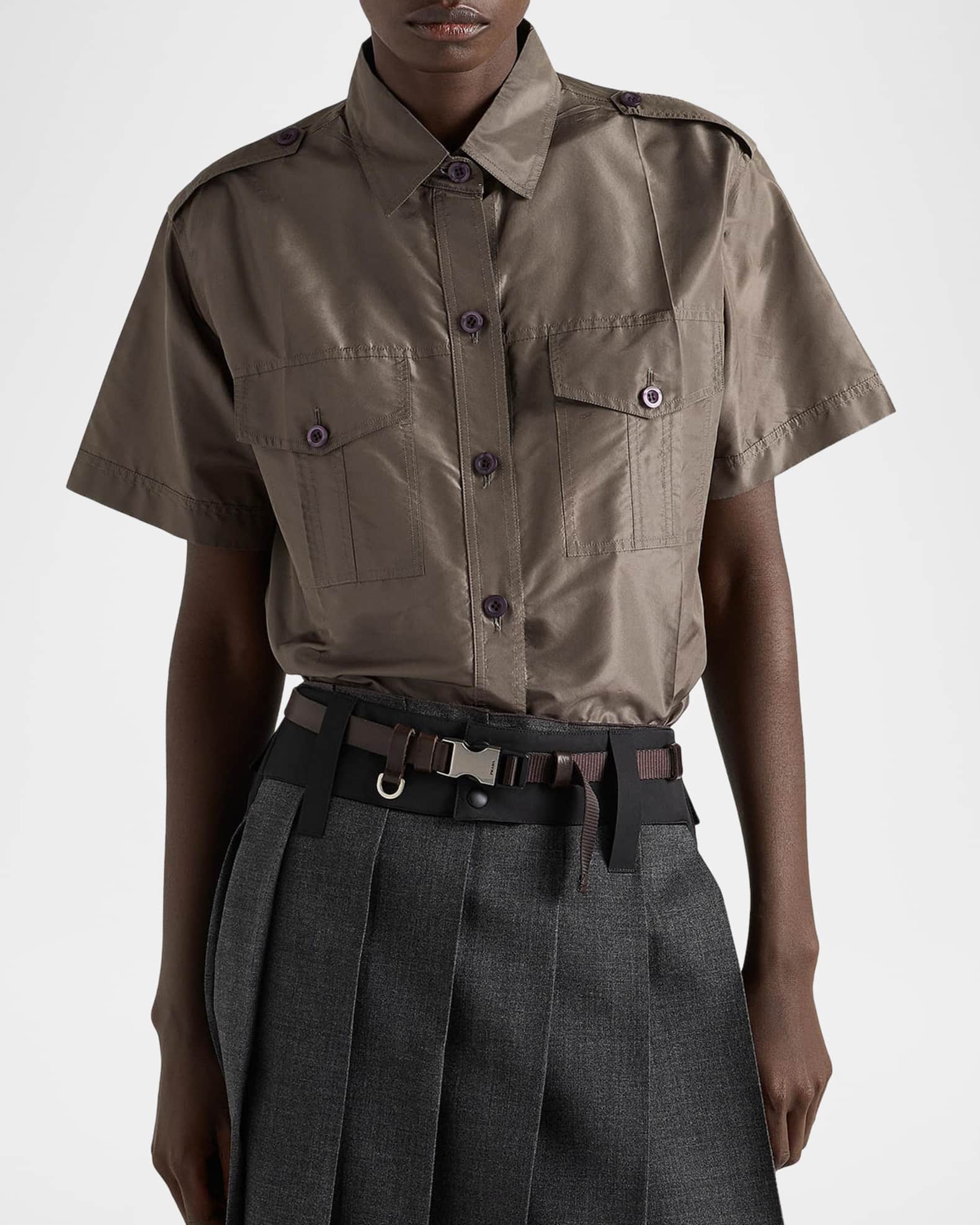 Prada Short-Sleeved Silk Taffeta Shirt | Neiman Marcus