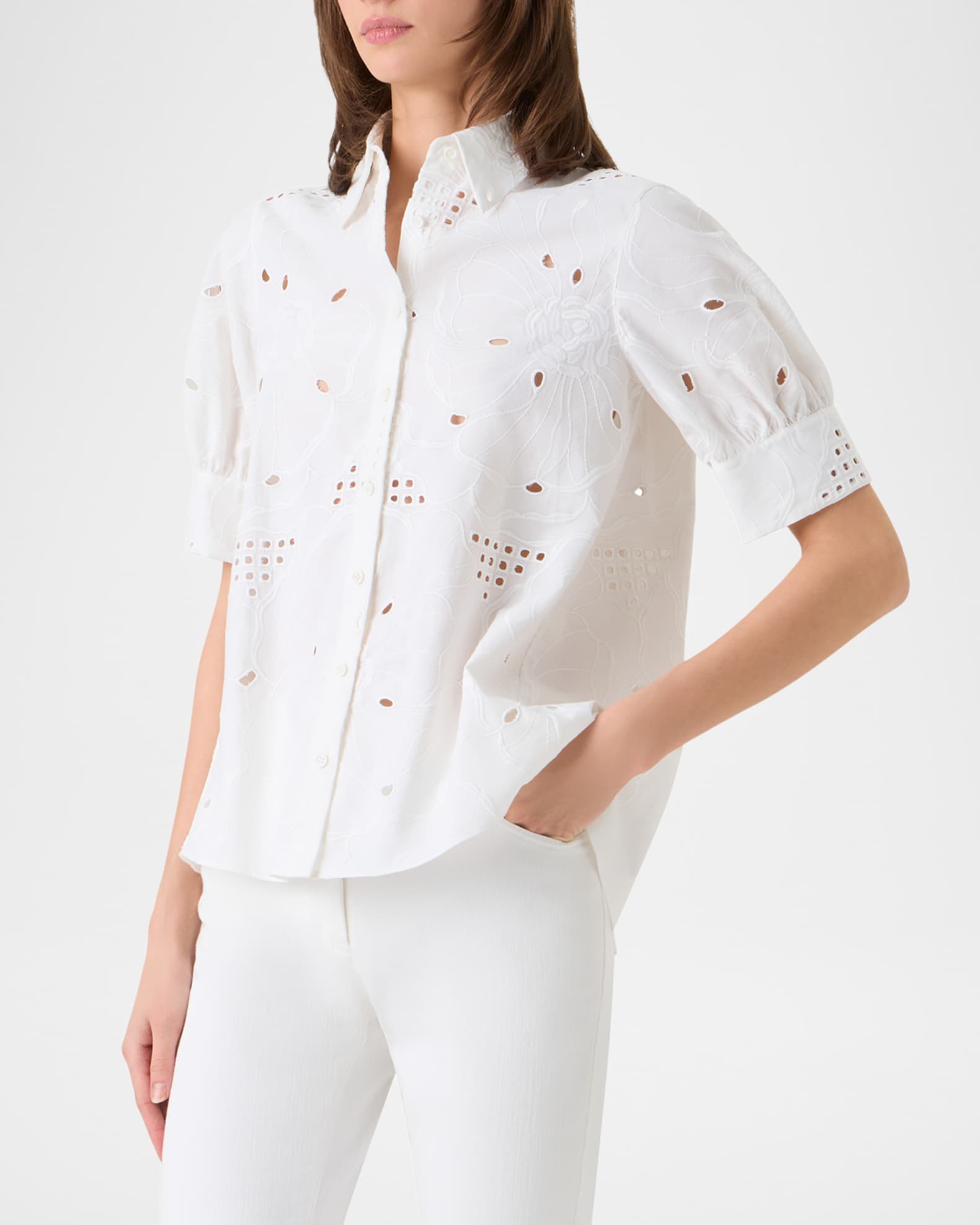 Akris punto Flower Eyelet Embroidered Cotton Poplin Blouse