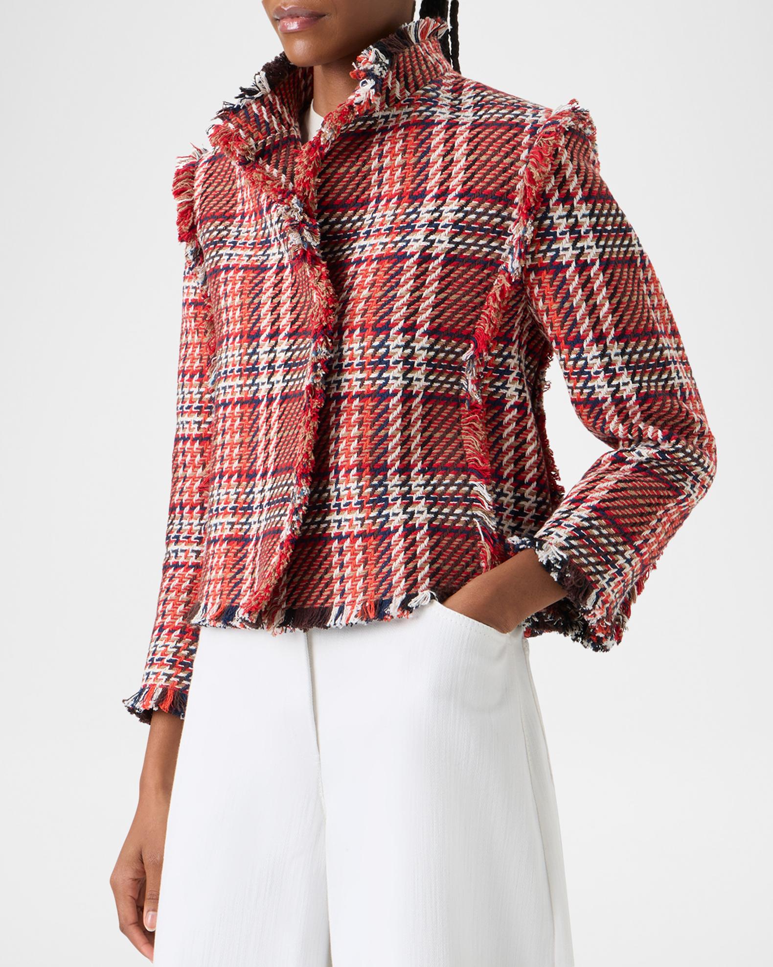 Akris punto Multi-Color Check Fringed Tweed Single-Breasted Jacket