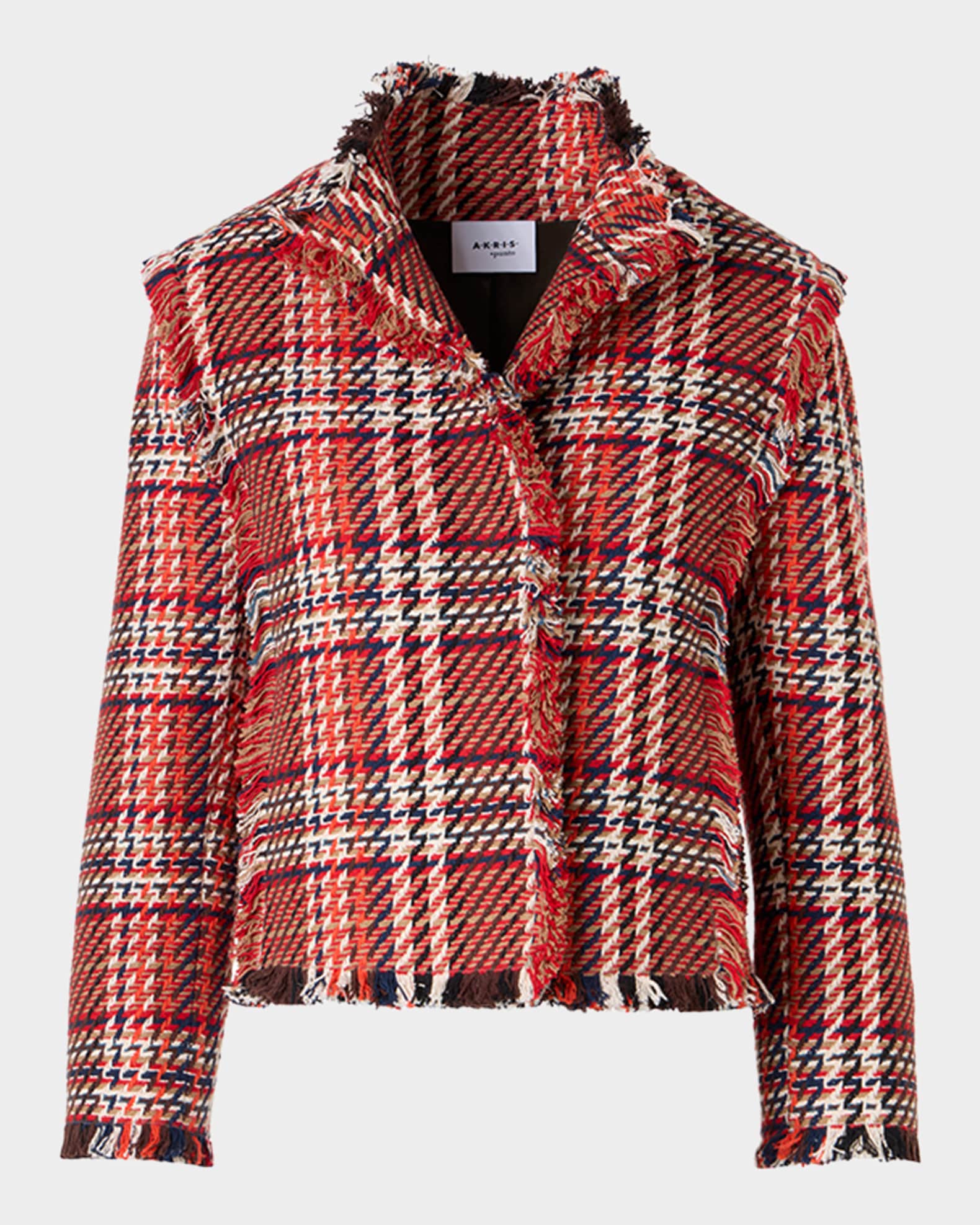 Akris punto Multi-Color Check Fringed Tweed Single-Breasted Jacket