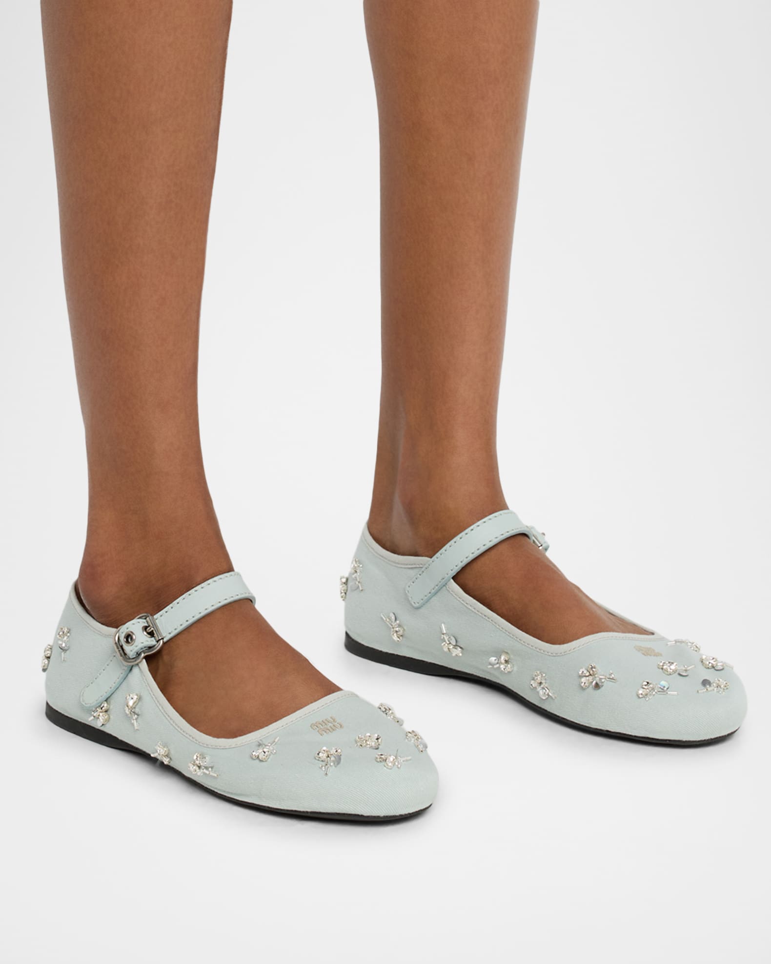 Miu Miu Embellished Canvas Mary Jane Ballerina Flats | Neiman Marcus