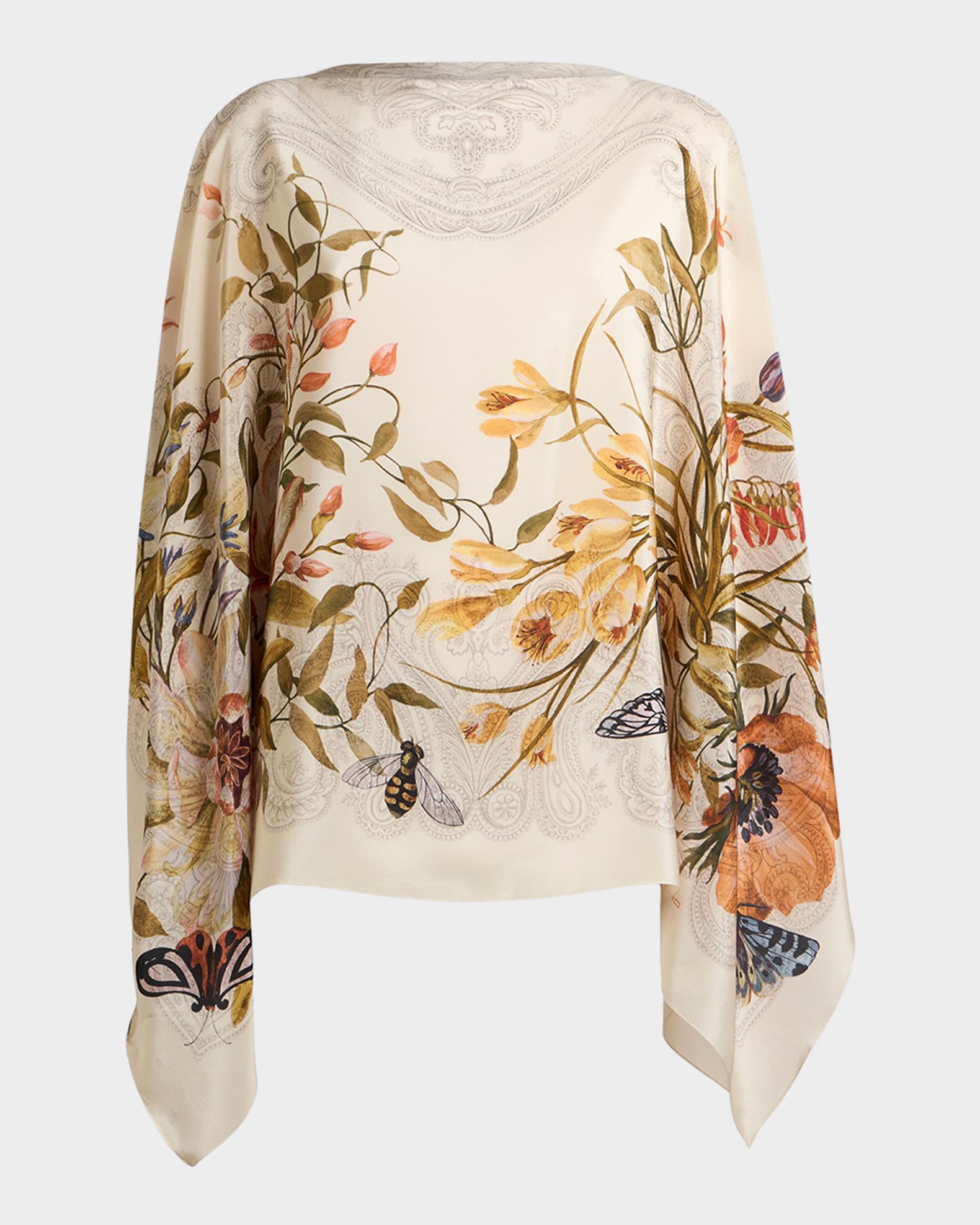 Etro Floral-Print Silk Poncho Top