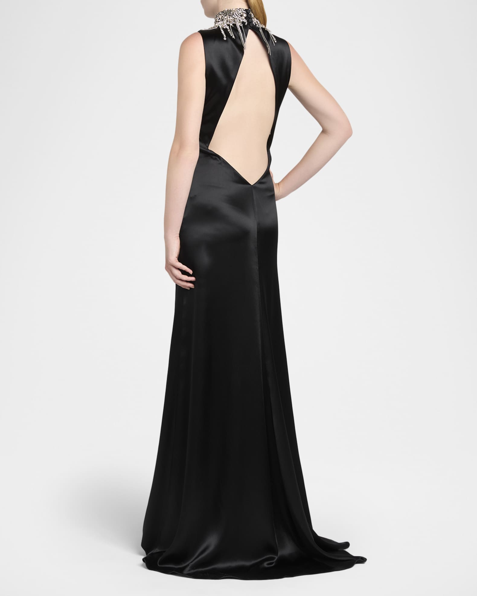 McQueen Chain Mail Turtleneck Satin Backless Evening Dress
