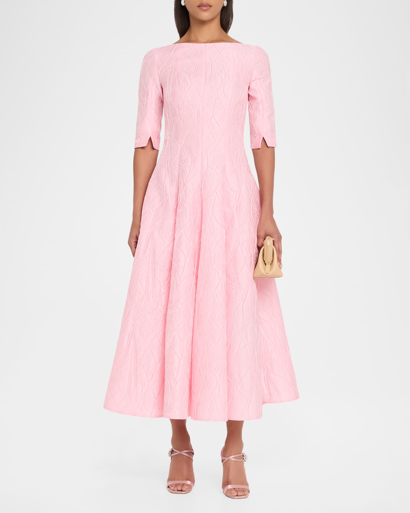 Talbot Runhof 3/4-Sleeve Textured Jacquard Tea-Length Dress, Rosa, Women's, 36, Cocktail & Party Wedding Guest Dresses 3/4 & Elbow-Sleeve Dresses