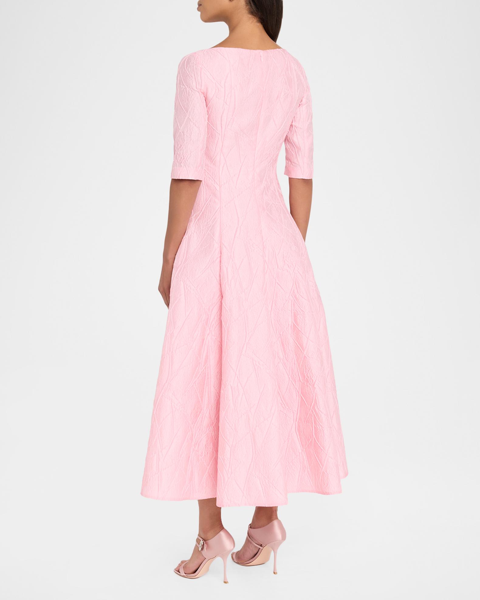 talbot dresses Talbot Runhof 3/4-Sleeve Textured Jacquard Tea-Length Dress, Rosa, Women's, 36, Cocktail & Party Wedding Guest Dresses 3/4 & Elbow-Sleeve Dresses