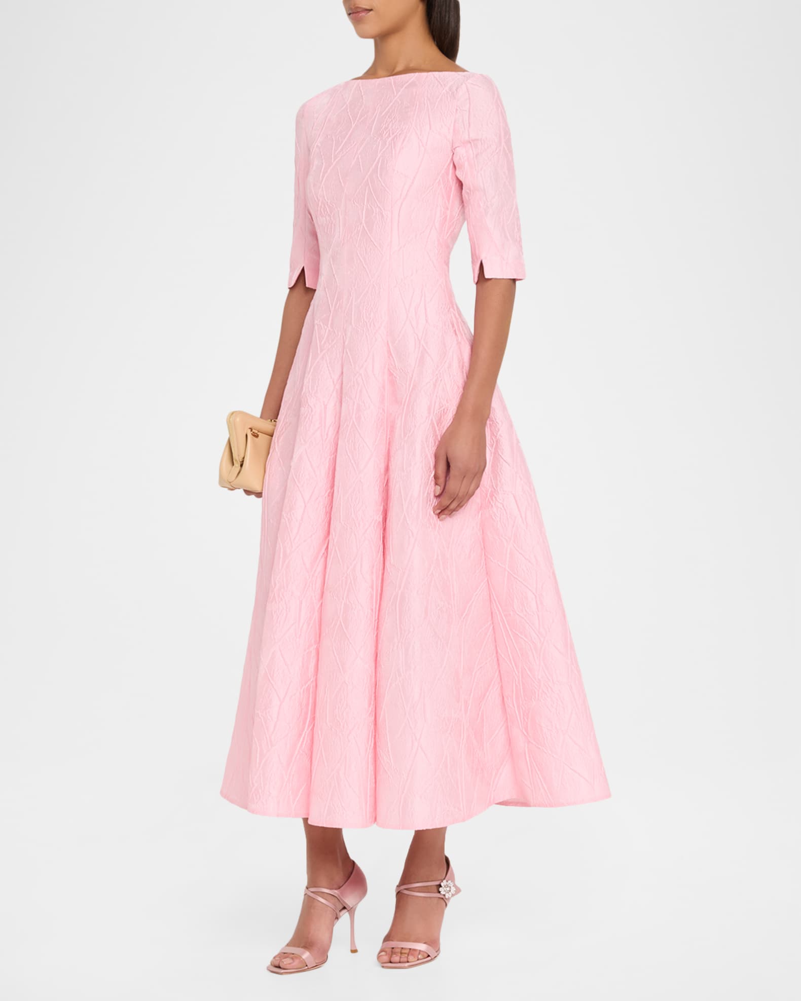 talbot dresses Runhof 3/4-Sleeve Textured Jacquard Tea-Length Dress, Rosa, Women's, 44, Cocktail & Party Wedding Guest 3/4 & Elbow-Sleeve Dresses accented with a foldover high neckline and a paneled flared skirt High neckline Cap sleeves Side split pockets Fitandflare silhouette Tea length Invisible back zip Polyester/acrylic Lining Talbot Runhof - Tokara5 Midnight