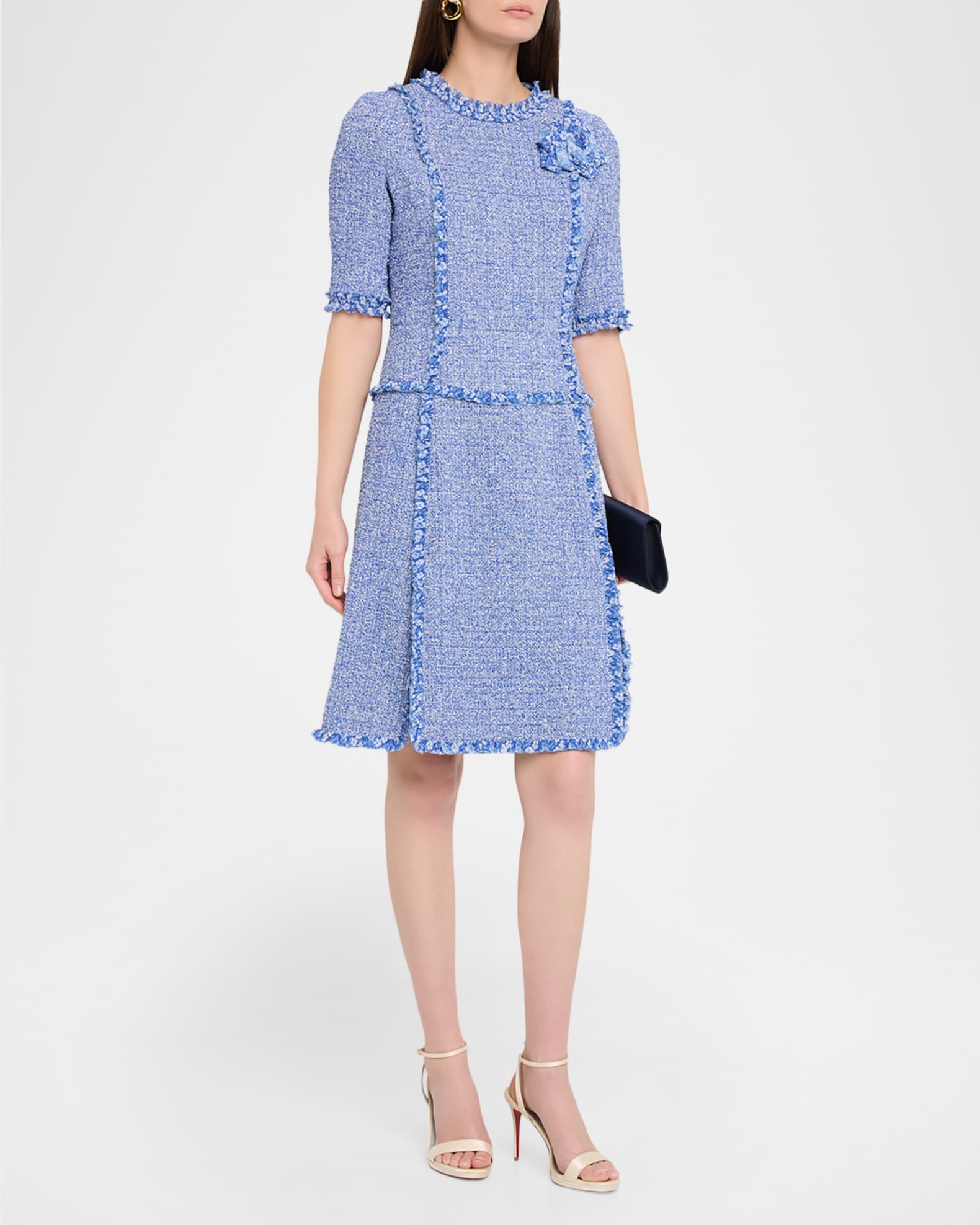 Rickie Freeman for Teri Jon Frayed-Trim Woven Tweed Dress | Neiman