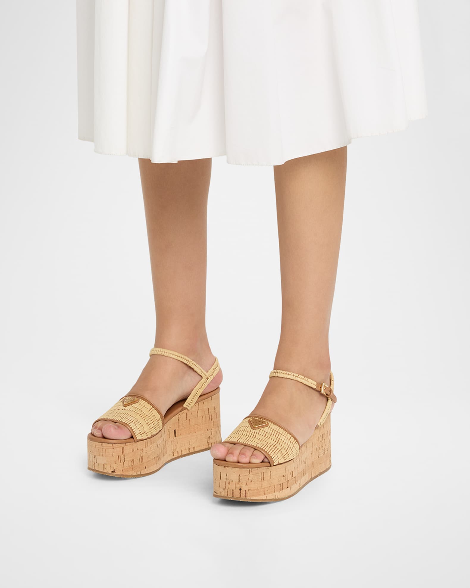 Prada 75mm Triangle Logo Raffia Platform Sandals | Neiman Marcus