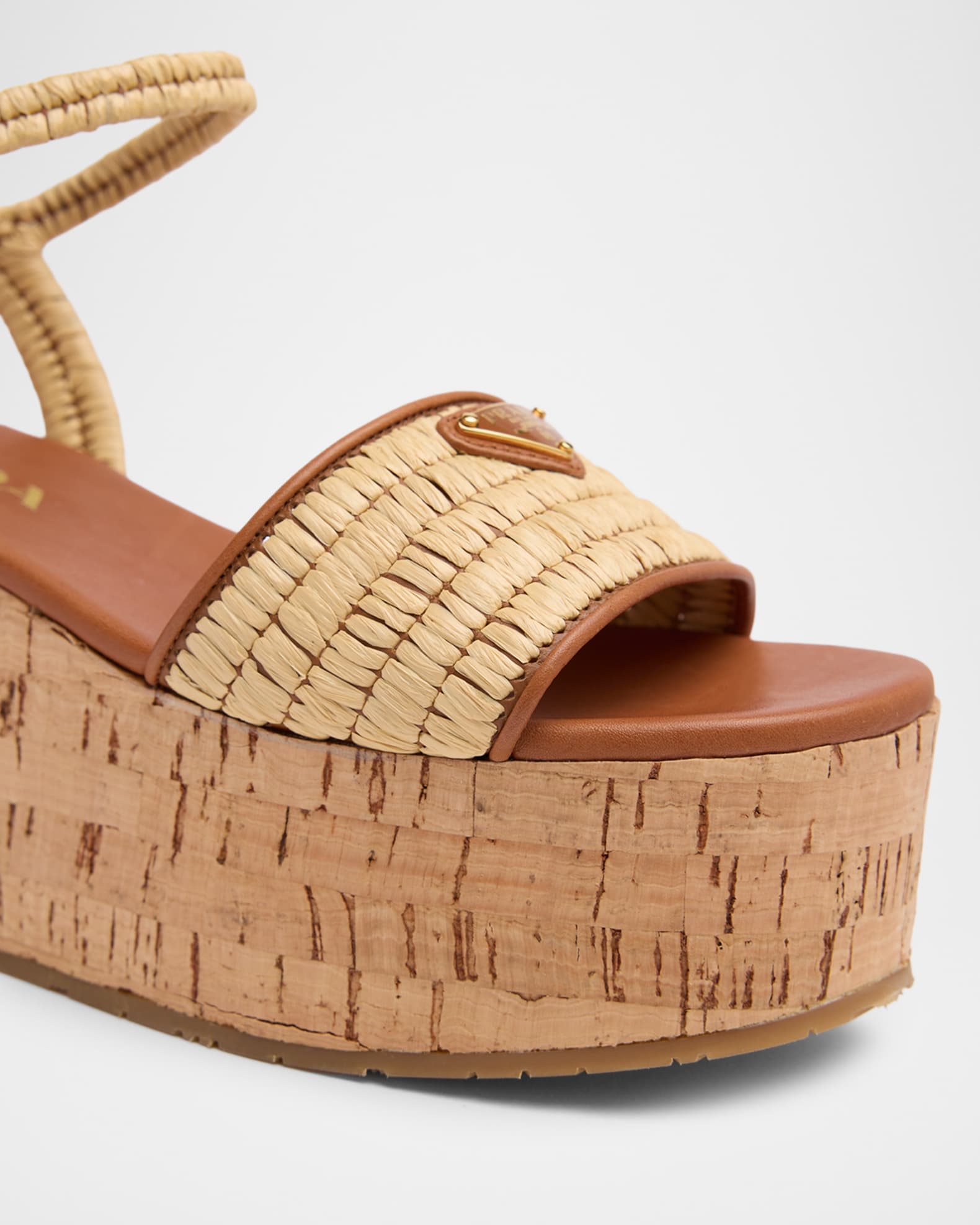 Prada 75mm Triangle Logo Raffia Platform Sandals | Neiman Marcus