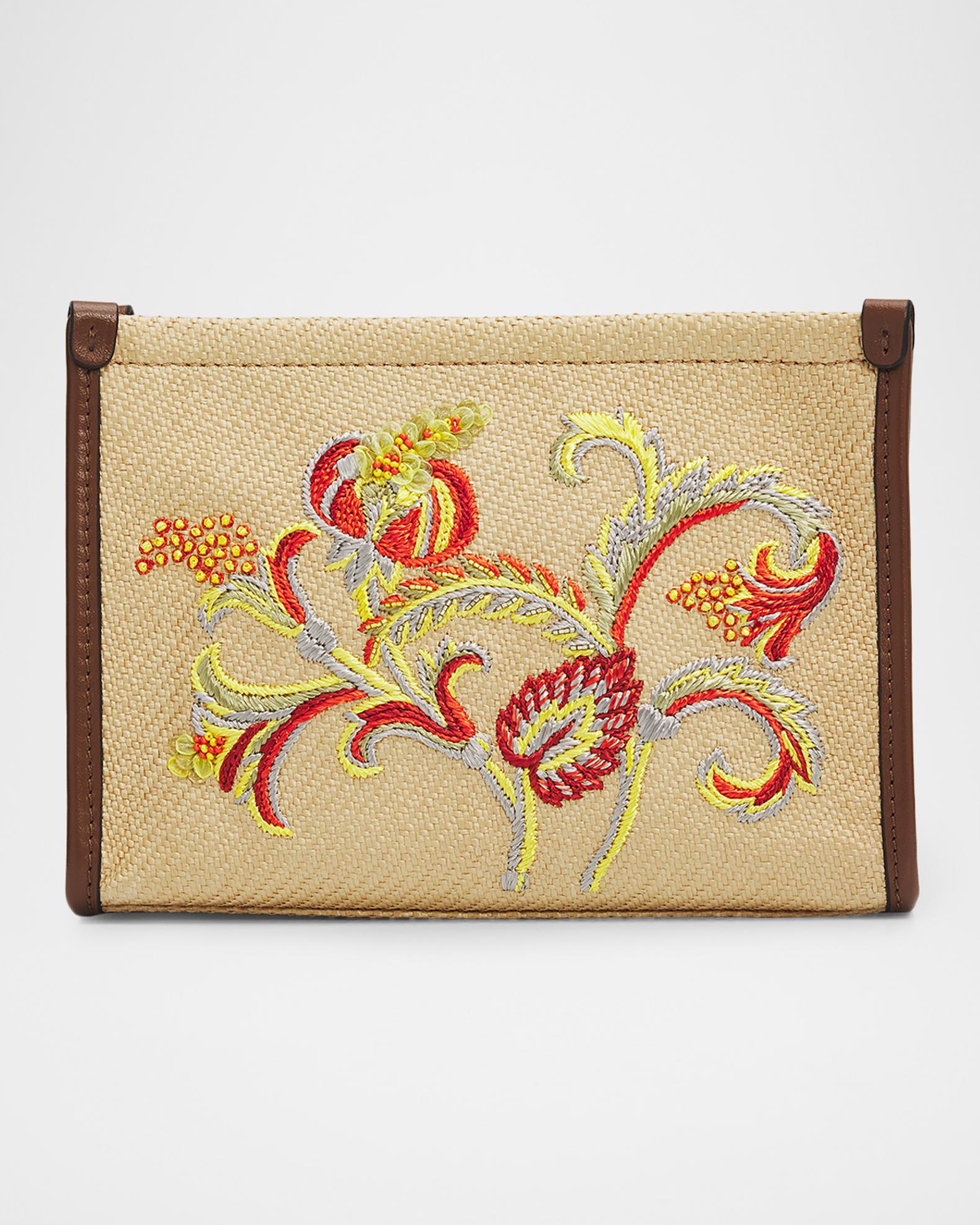 Etro Floral Embroidered Raffia Crossbody Clutch | Neiman Marcus