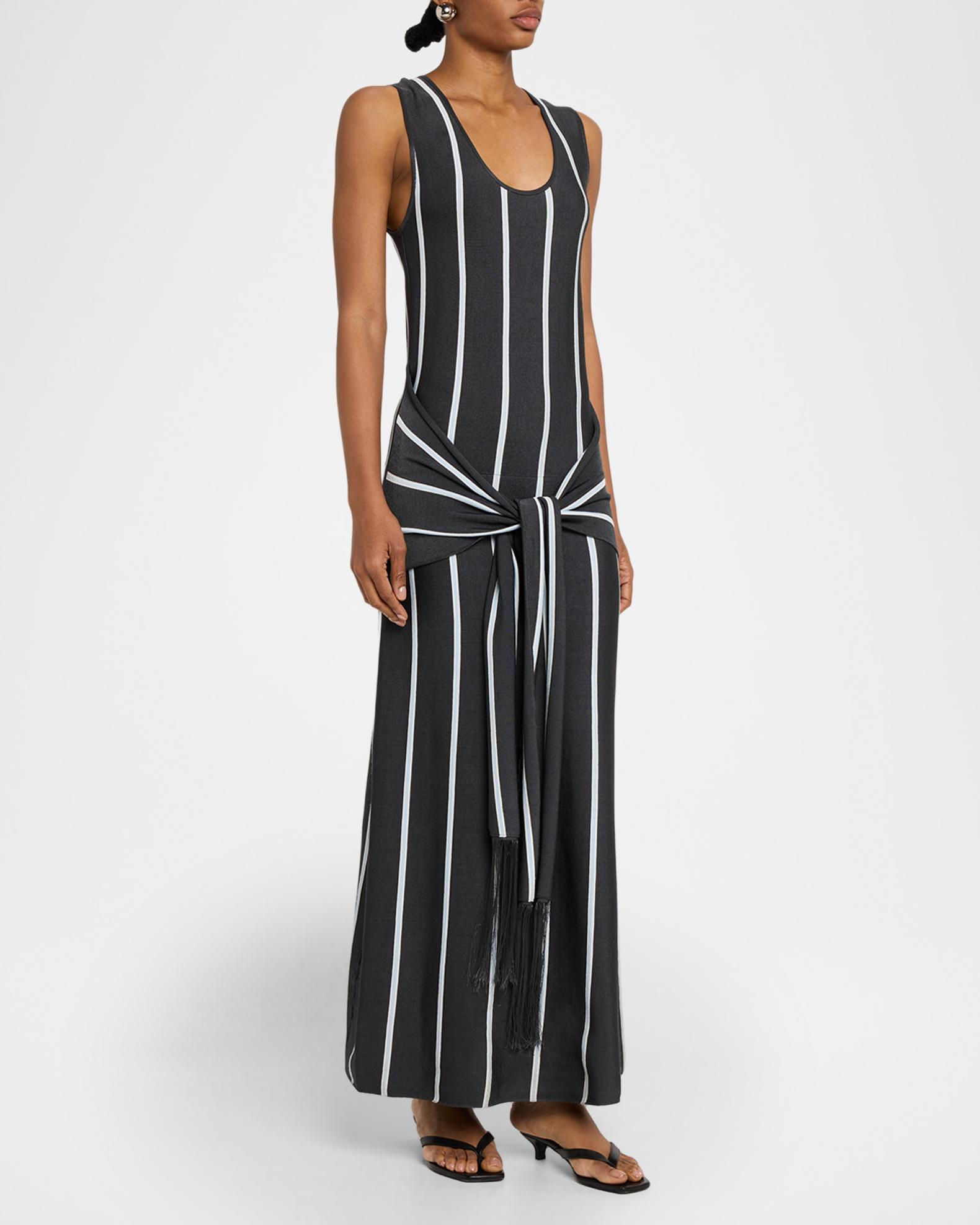 knit tie front dress 3.1 Phillip Lim Striped Tie-Front Maxi Dress, Slate Multi, Women's, XS Casual & Work Dresses Maxi Dresses Long sleeve