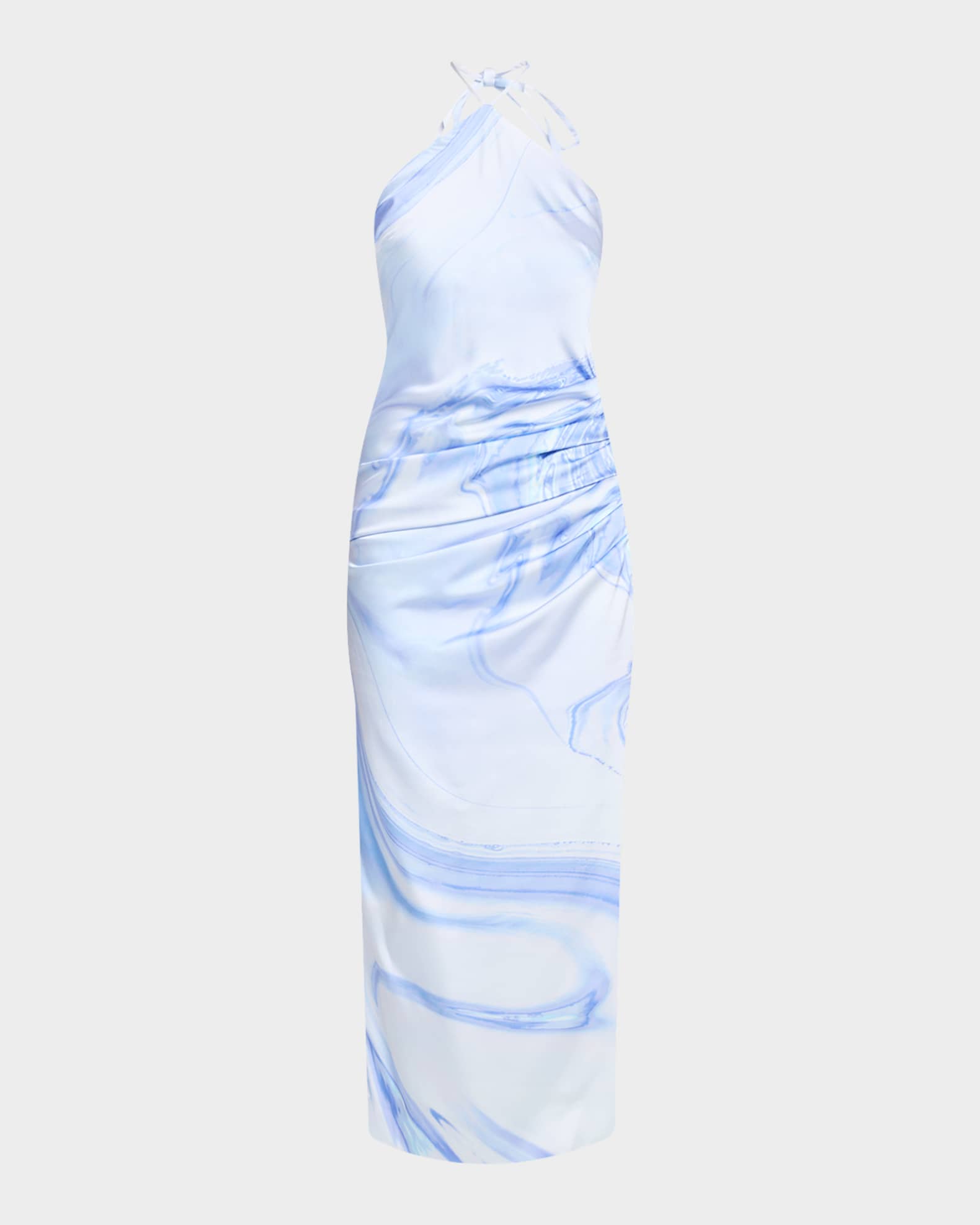 Simkhai Hansel Oil Spill-Print Satin Halter Midi Dress, Periwinkle, Women's, 2, Cocktail & Party Wedding Guest Dresses Halter Neck Dresses