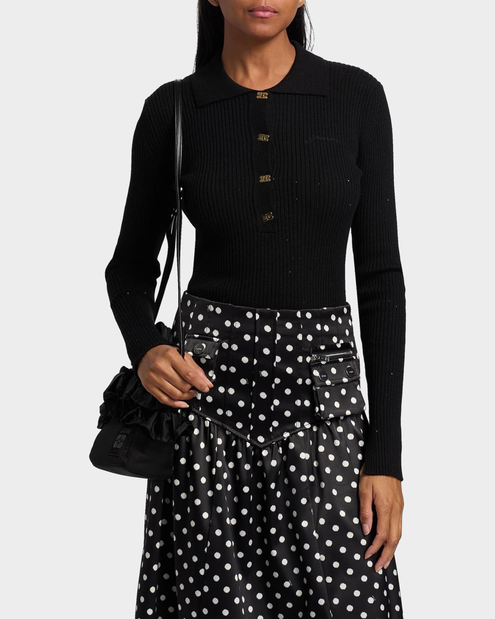 Ganni Fine-Knit Sequin Polo Sweater | Neiman Marcus