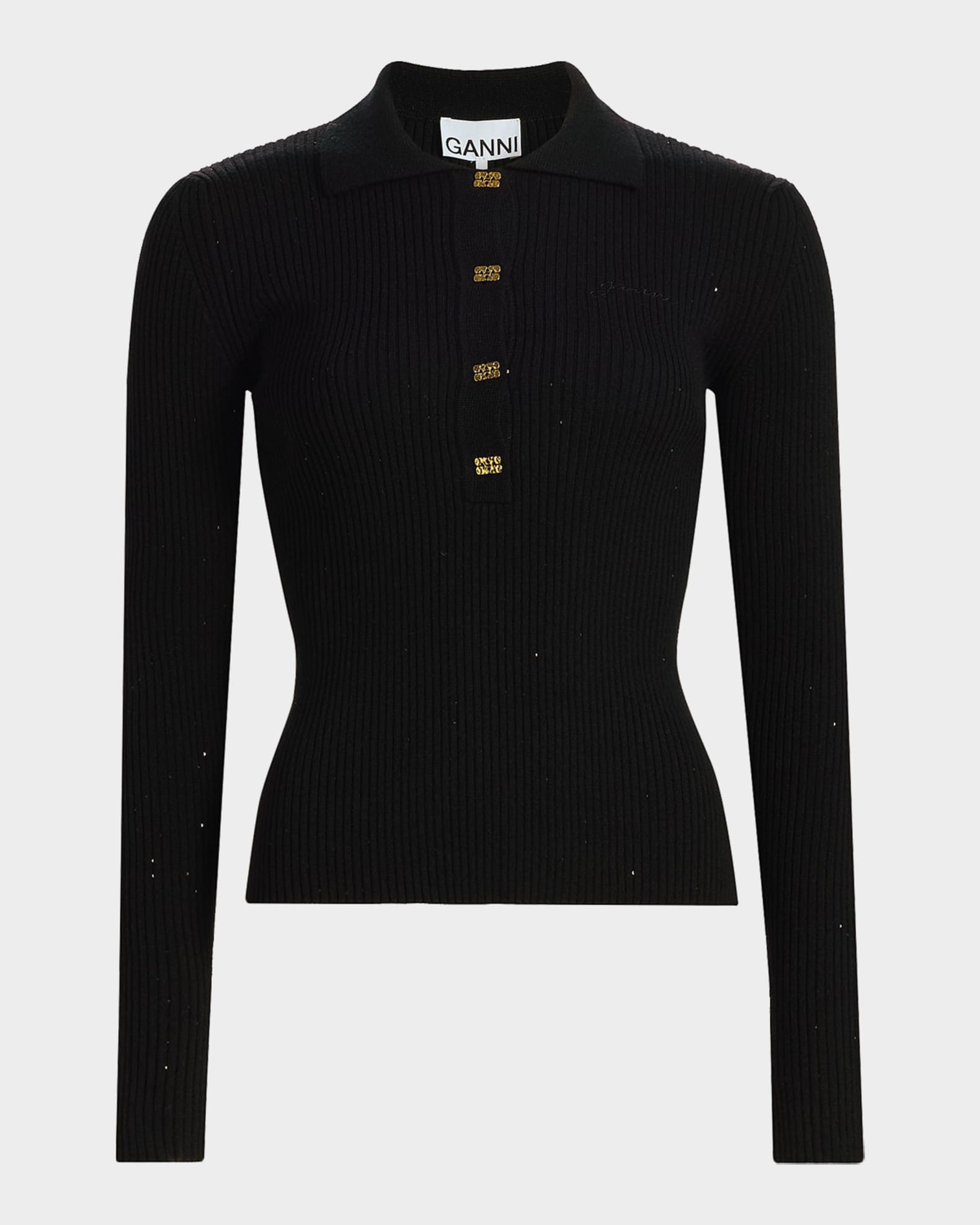Ganni Fine-Knit Sequin Polo Sweater | Neiman Marcus