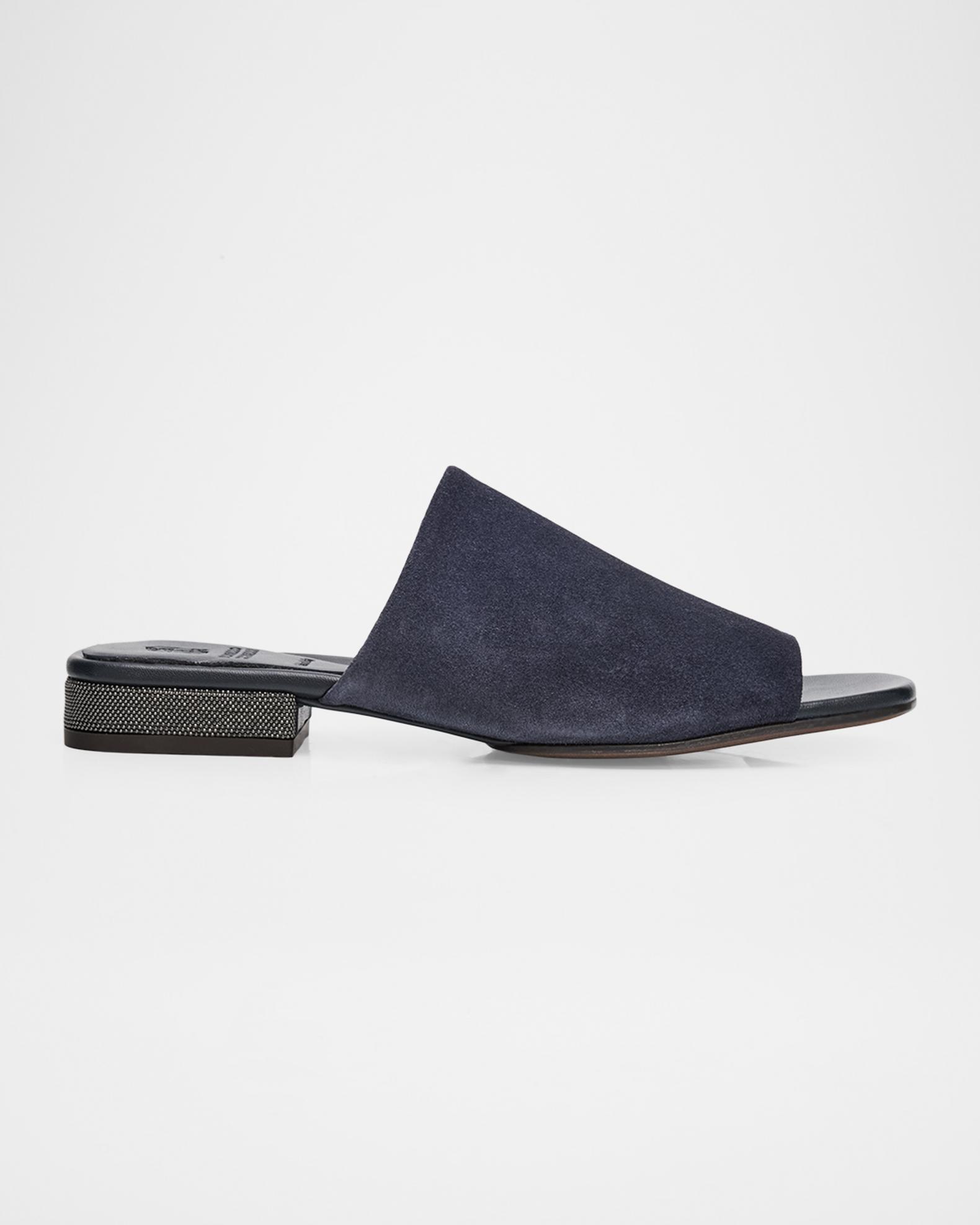 Brunello Cucinelli Suede Slide Sandals with Monili Heel 