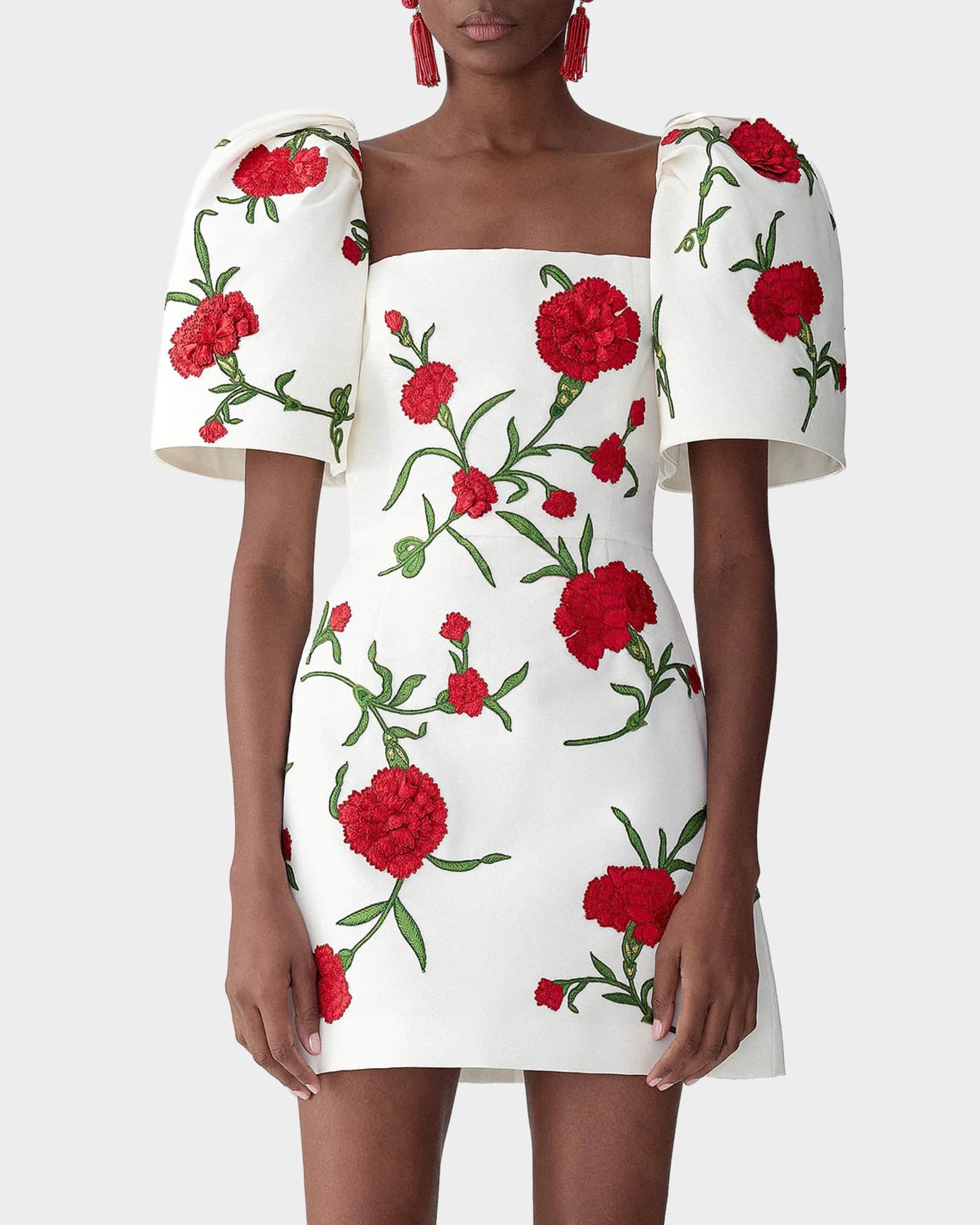 Carolina Herrera Carnation Embroidered Bell-Sleeve Mini Dress