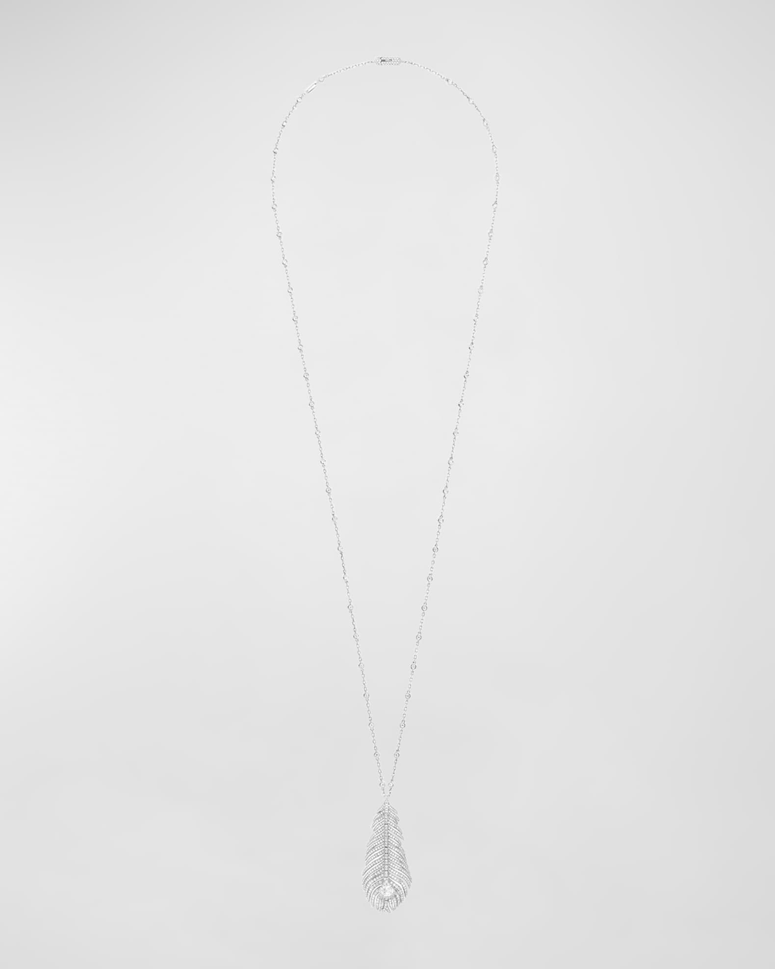 18K White Gold Plume de Paon Pendant Necklace with Diamond Pave on Chain 1