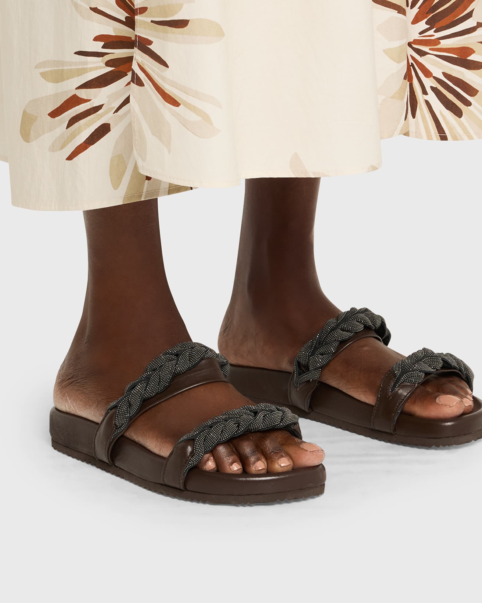 Brunello Cucinelli Braided Monili Leather Slide Sandals | Neiman