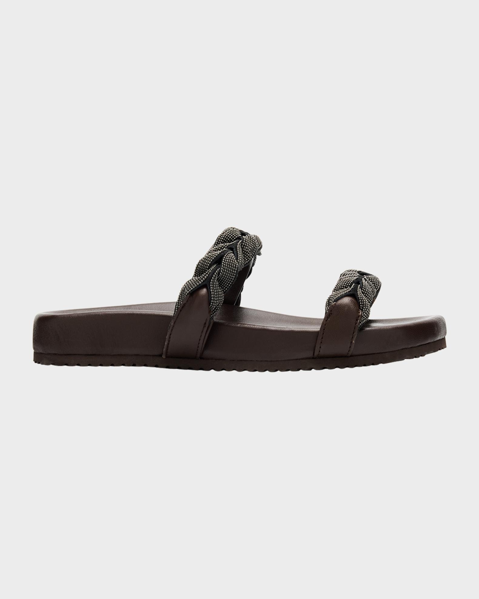 Brunello Cucinelli Women’s Black Brown Leather Crisscross Design Sandals Size 36 Brunello Cucinelli Braided Monili Leather Slide Sandals  main image 2