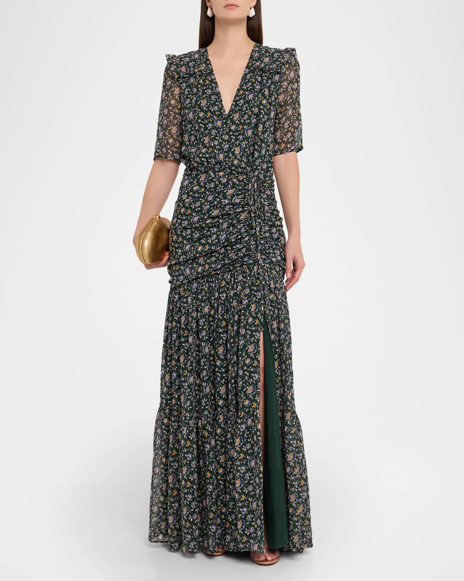 Veronica Beard Mick Floral Short-Sleeve Silk Maxi Dress, Dark Hunte, Women's, 8, Casual & Work Dresses Maxi Dresses