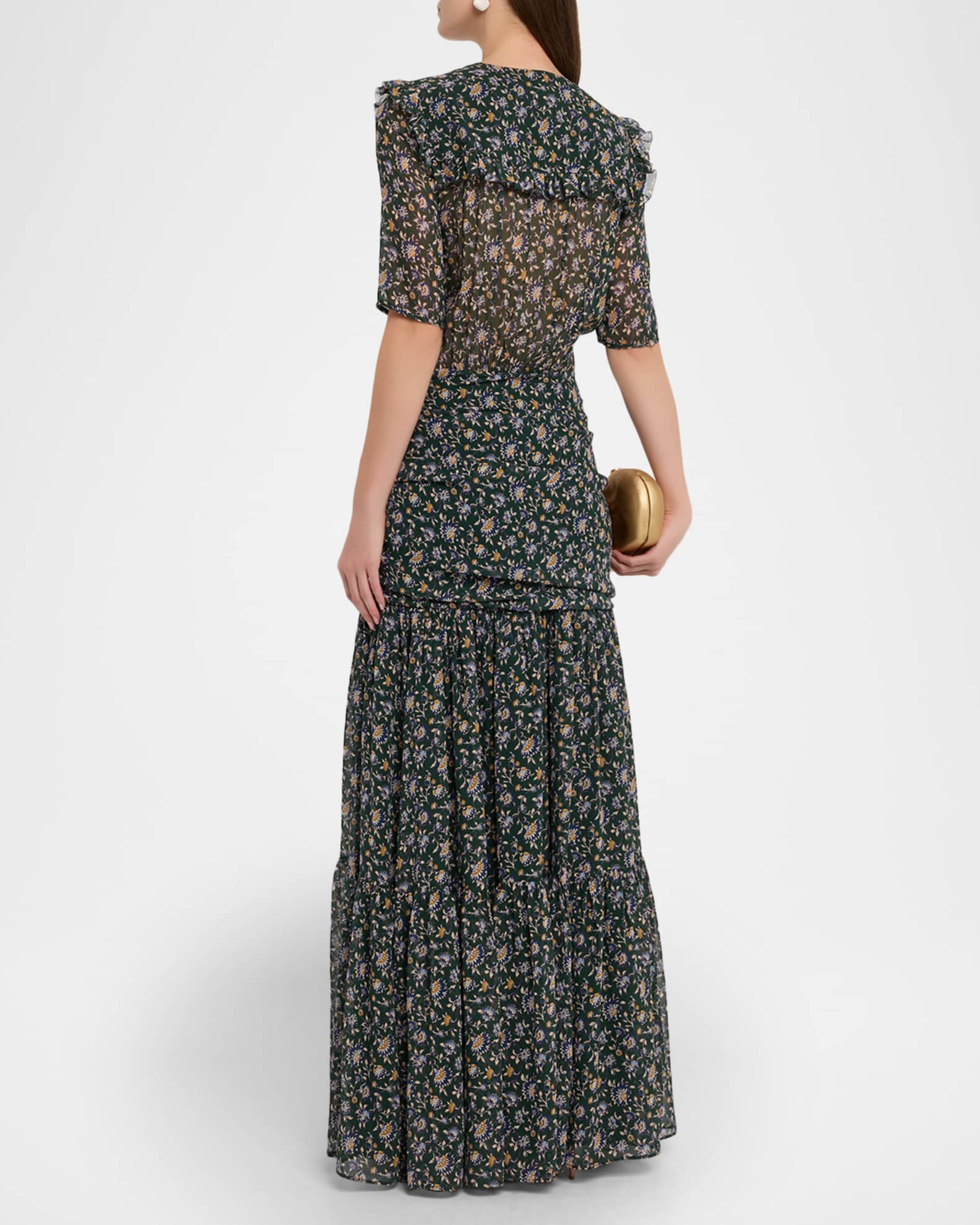 Veronica Beard Mick Floral Short-Sleeve Silk Maxi Dress, Dark Hunte, Women's, 8, Casual & Work Dresses Maxi Dresses