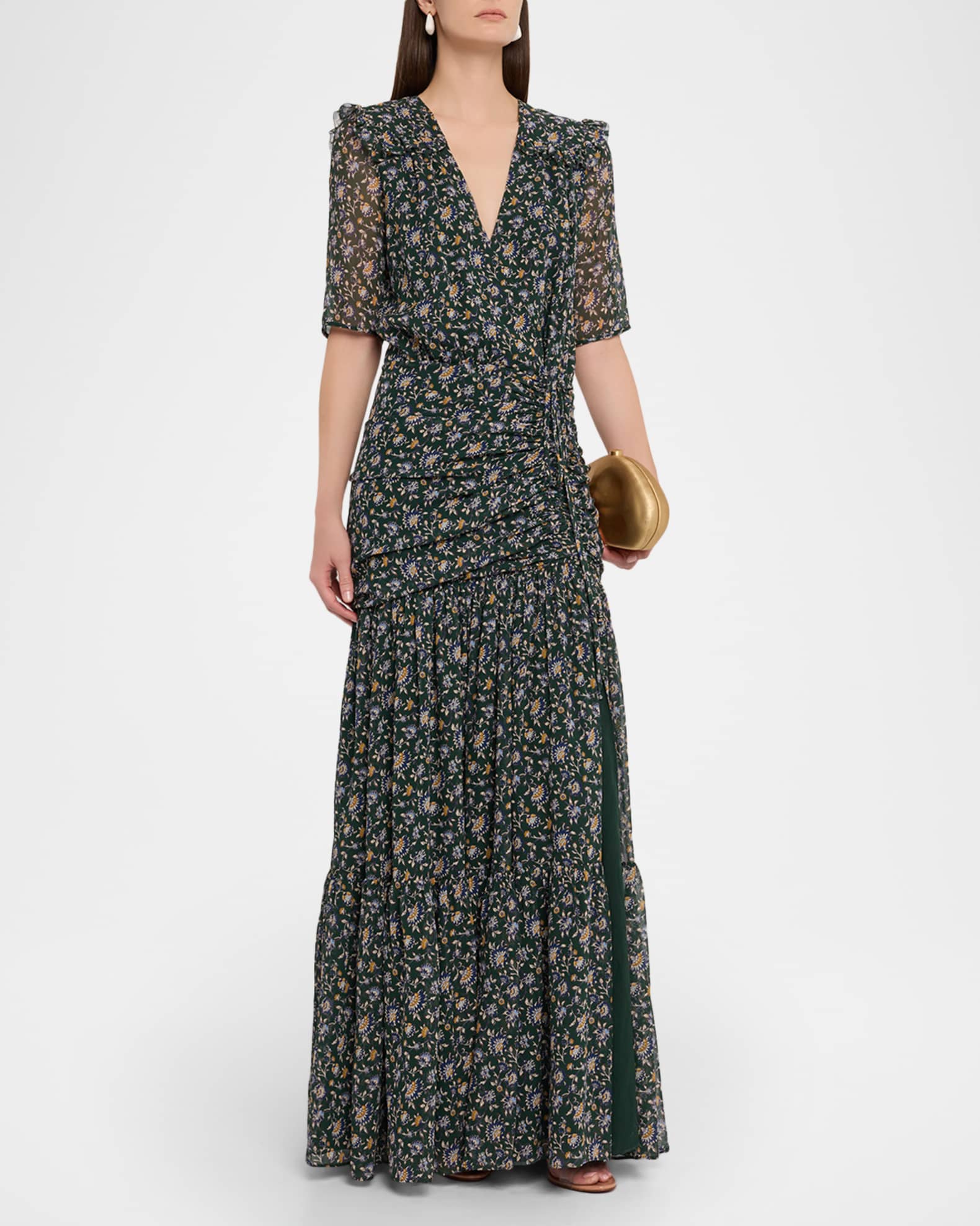 Veronica Beard Mick Floral Short-Sleeve Silk Maxi Dress, Dark Hunte, Women's, 8, Casual & Work Dresses Maxi Dresses