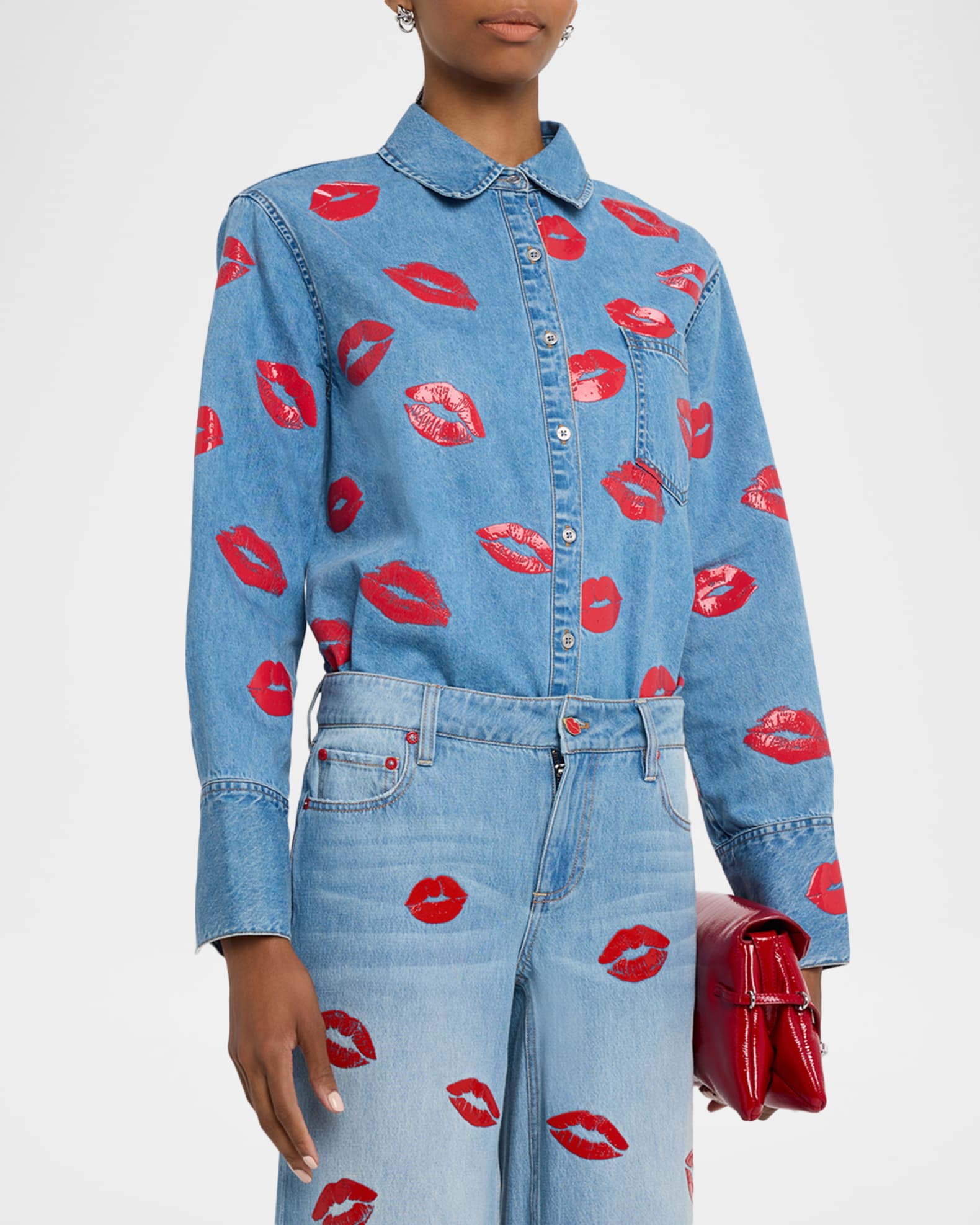 ALICE + OLIVIA Finely Denim Lips Oversized Shirt | Neiman Marcus