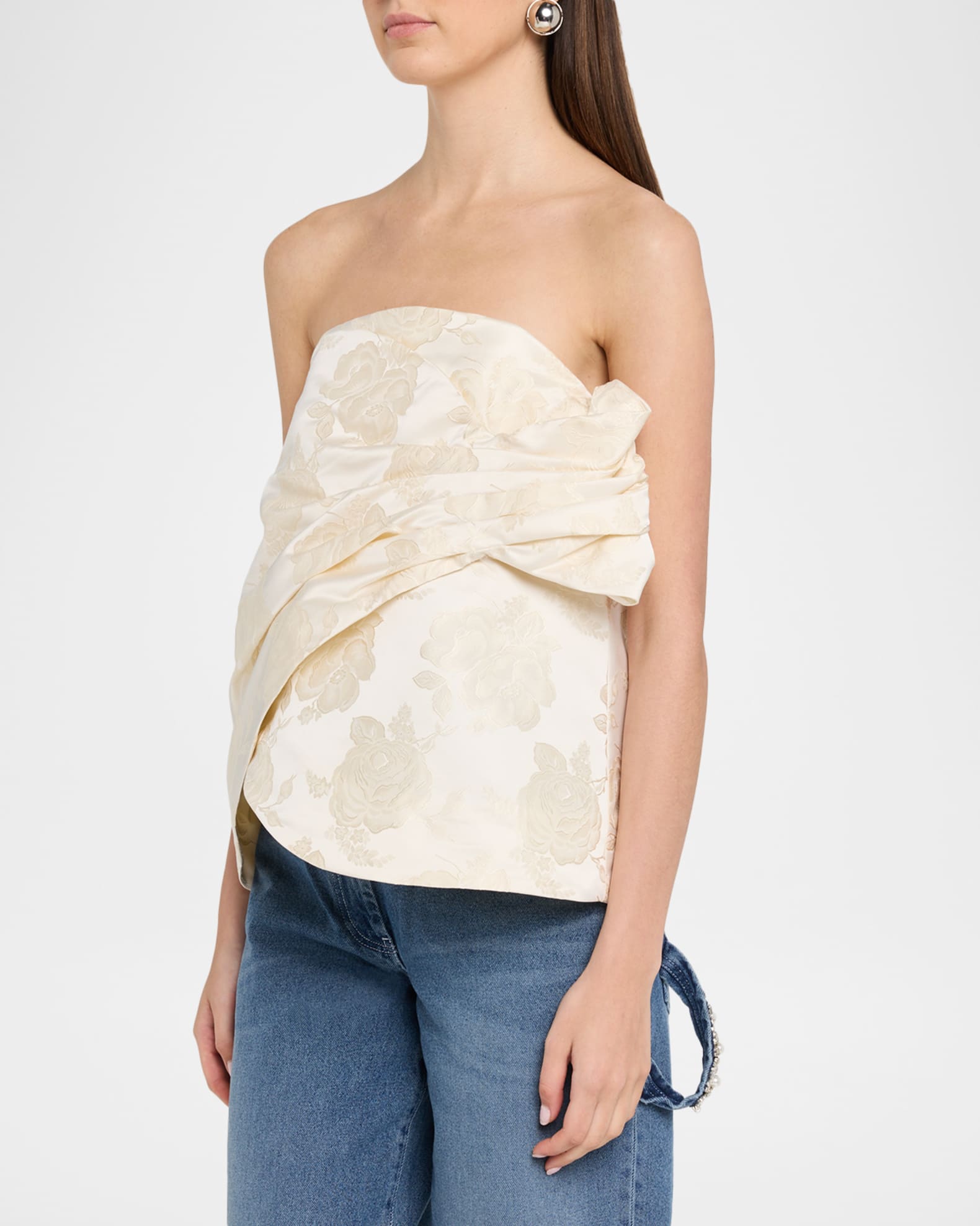 トップス W FACE FLOWER JACQUARD SHIRRING TOPS Simone Rocha Gathered Flower Jacquard Strapless Top | Neiman Marcus