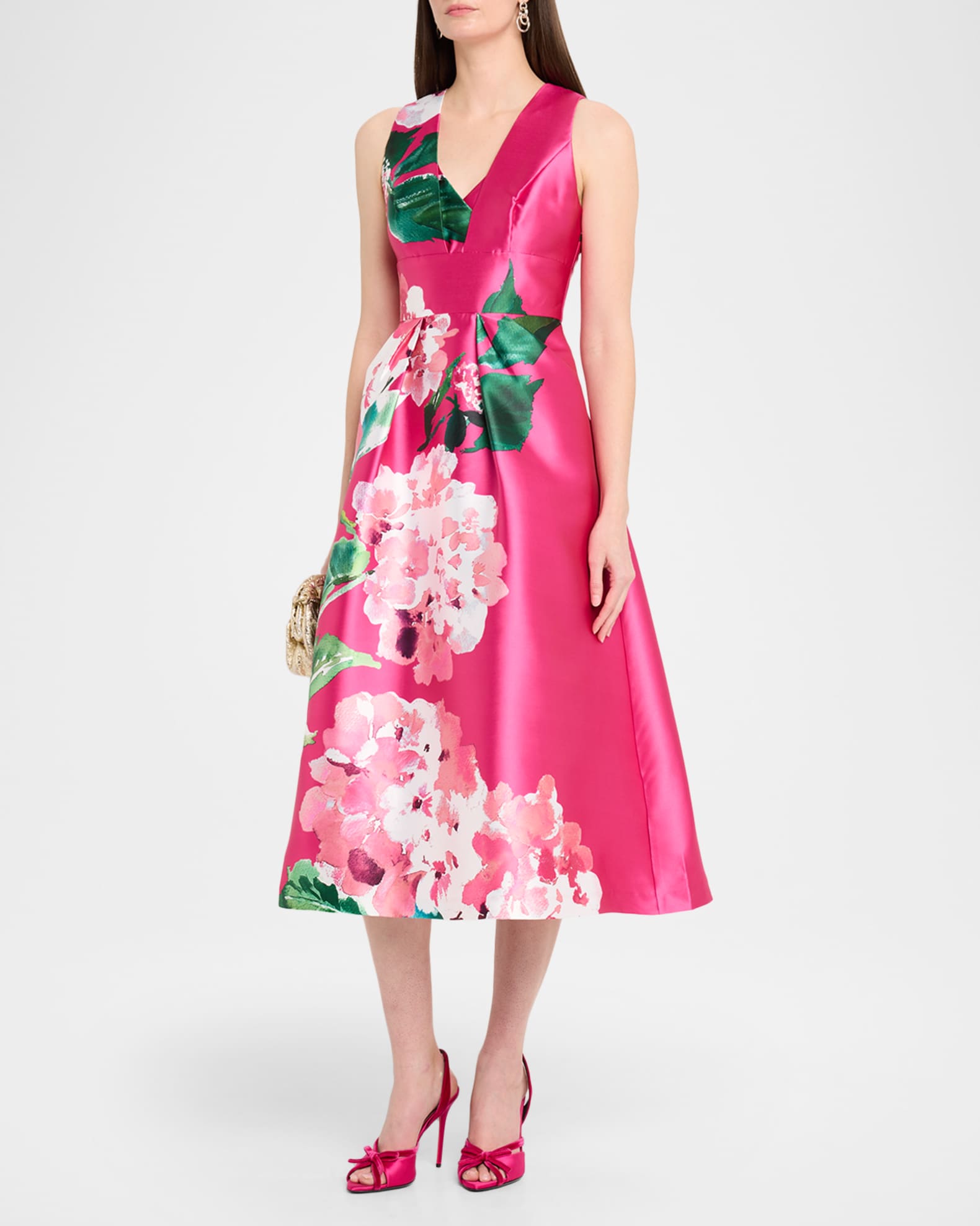 Kay Unger New York Raina Floral-Print Mikado Midi Dress | Neiman