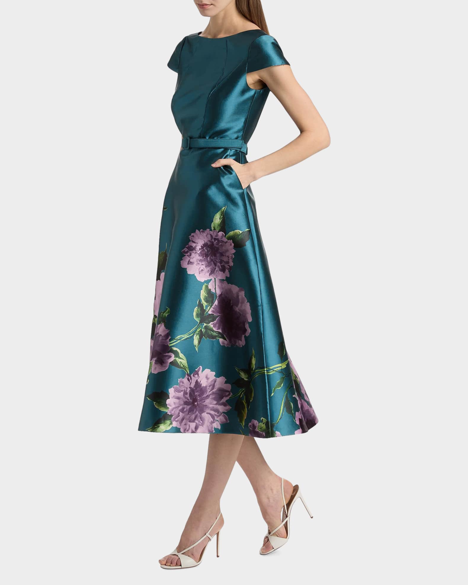 Kay Unger New York Ina Floral-Print Mikado Midi Dress | Neiman Marcus