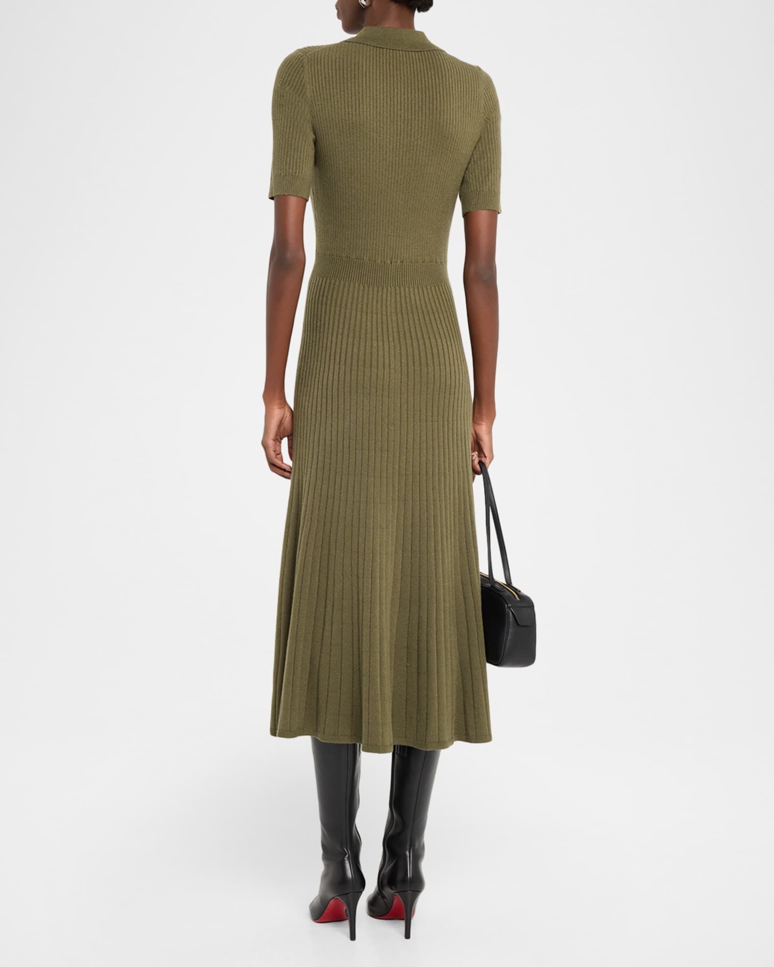 knee length dresses for ladies Black Ribbed Short Sleeve Midi Dress