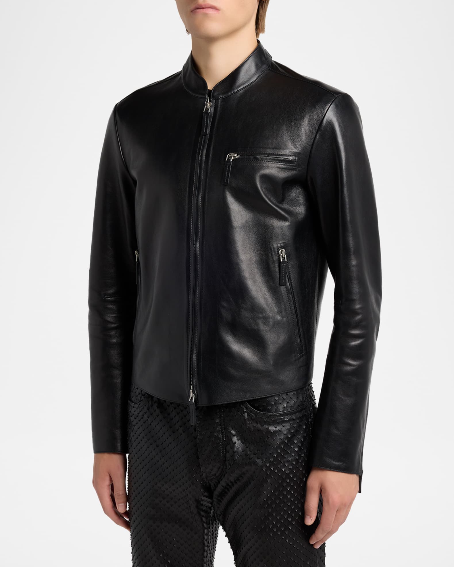 TOM FORD Men's Leather Band-Collar Biker Jacket | Neiman Marcus