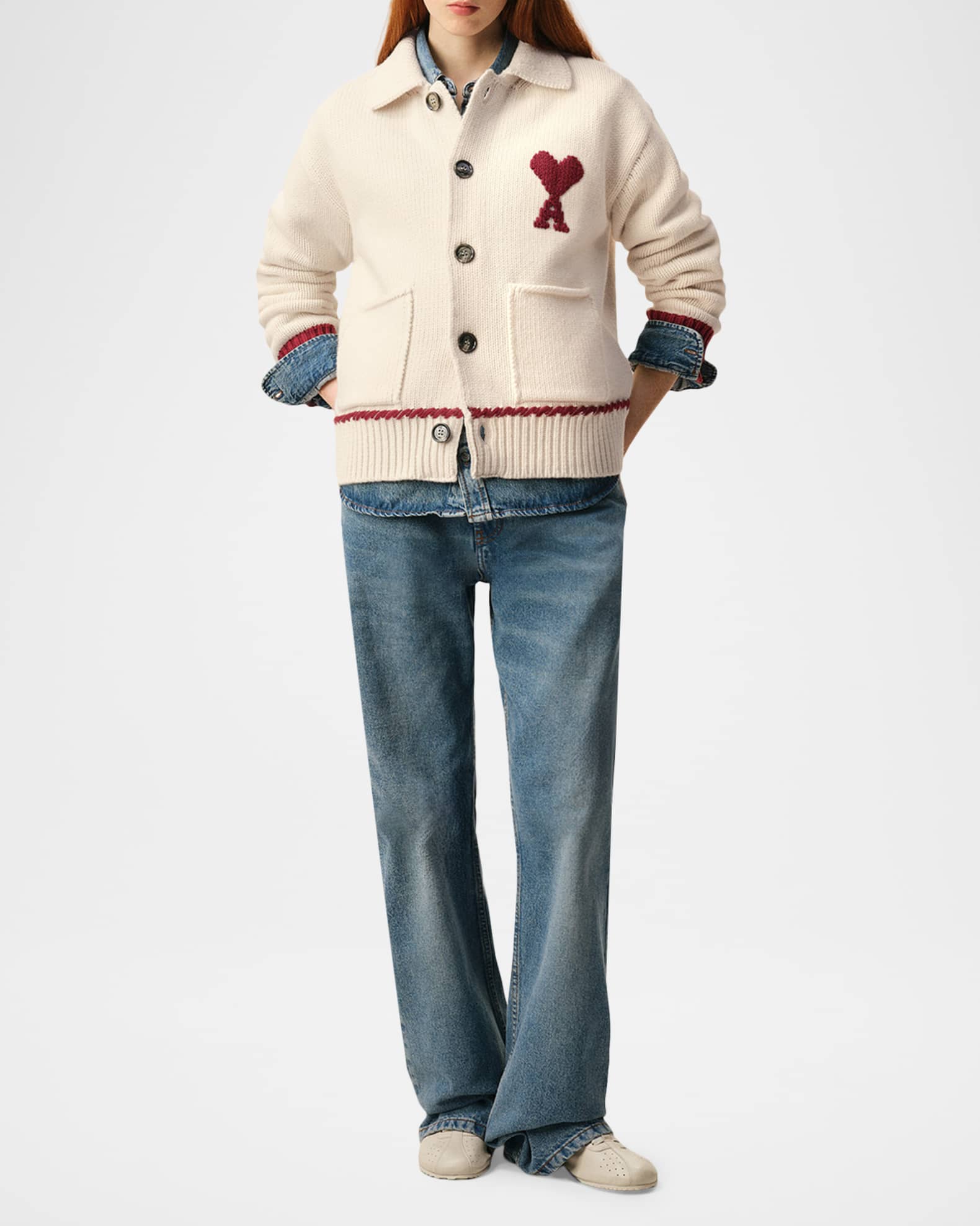 AMI PARIS 25SS Ami de Coeur カーディガン Ami Paris Ami De Coeur Embroidered Collared Cardigan | Neiman Marcus