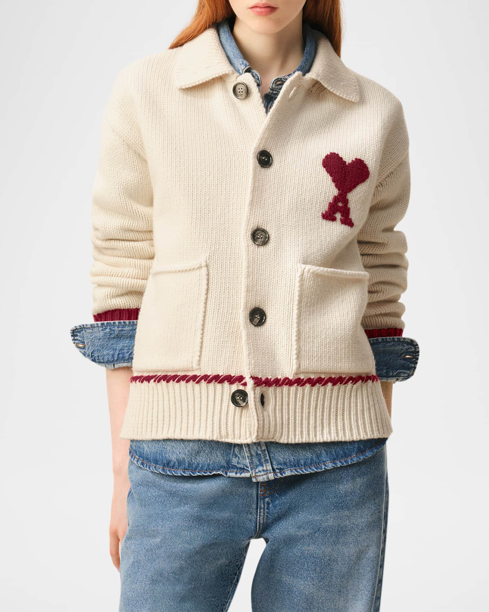 Ami Paris Ami De Coeur Embroidered Collared Cardigan | Neiman Marcus